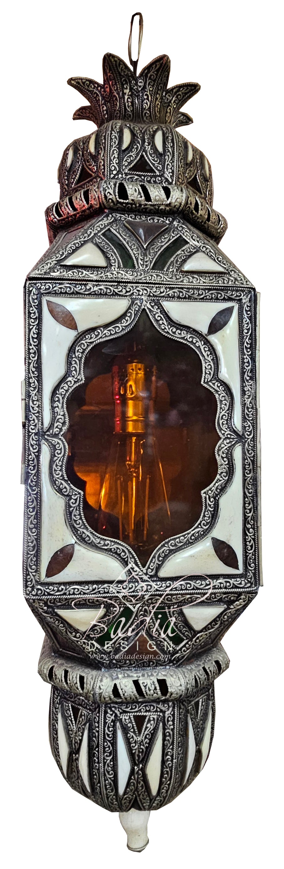 Metal and White Bone Lantern with Multi-Color Glass Eyelets