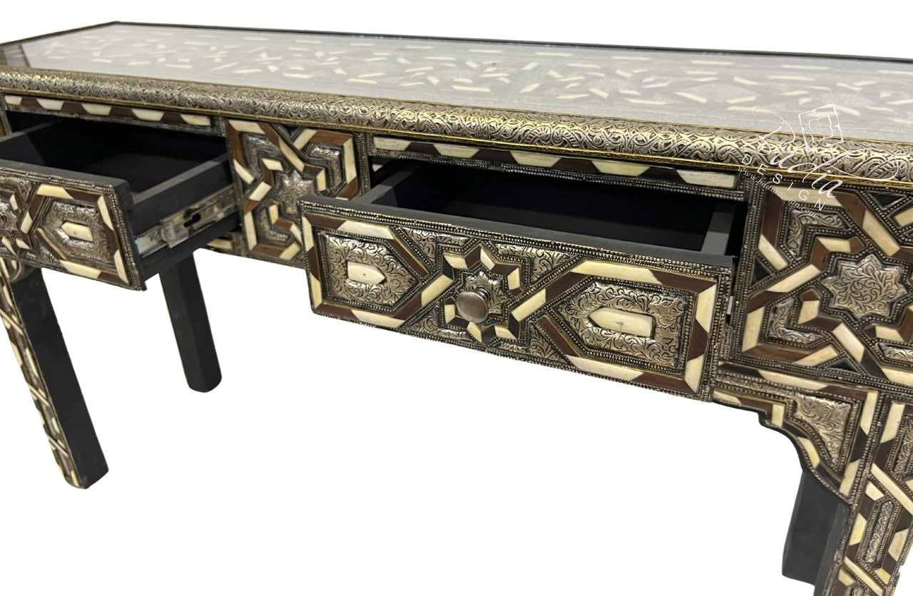 Metal and Bone Inlay Console with Two Drawers