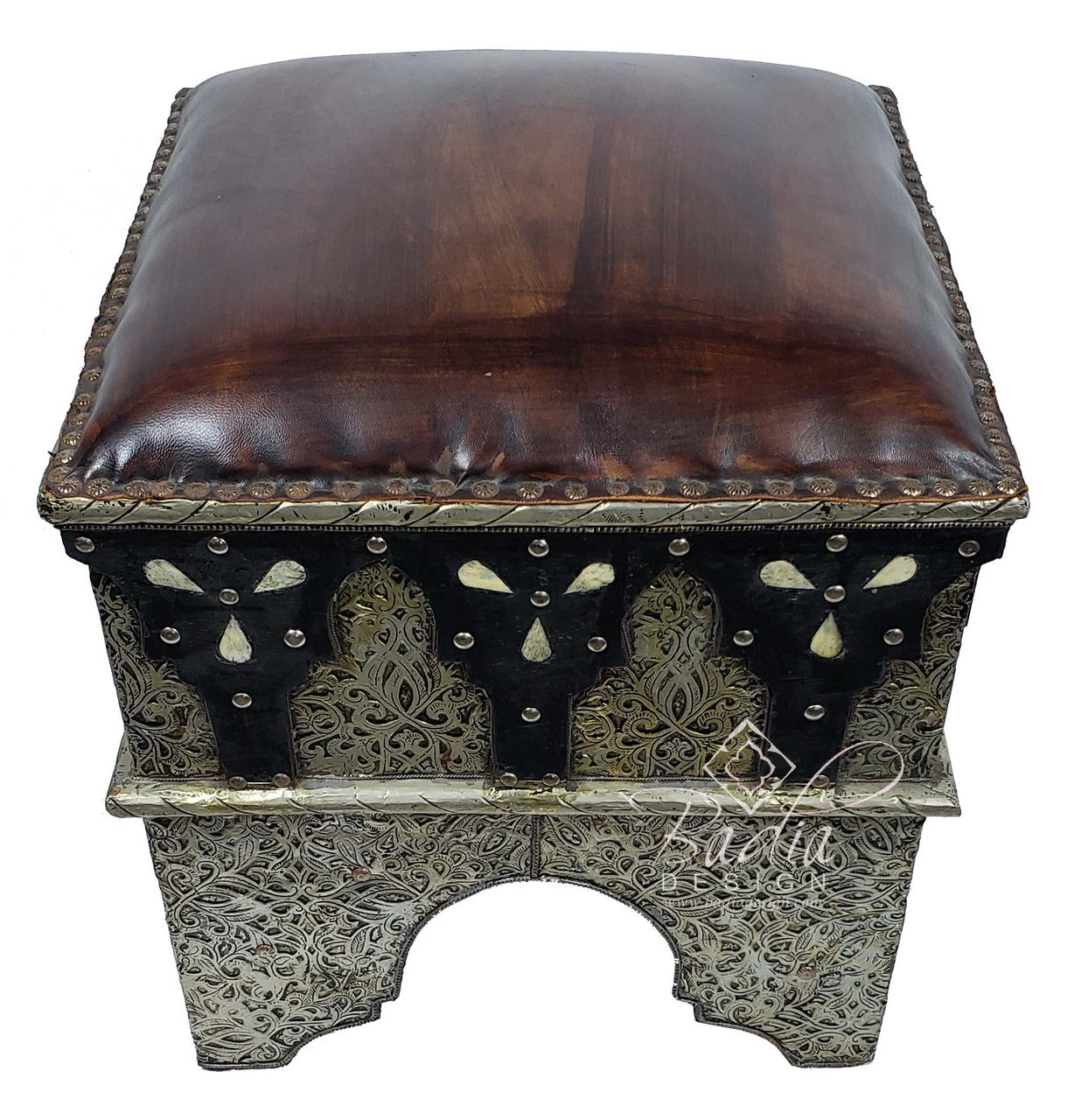 Vintage Metal and Bone Hard Leather Ottoman