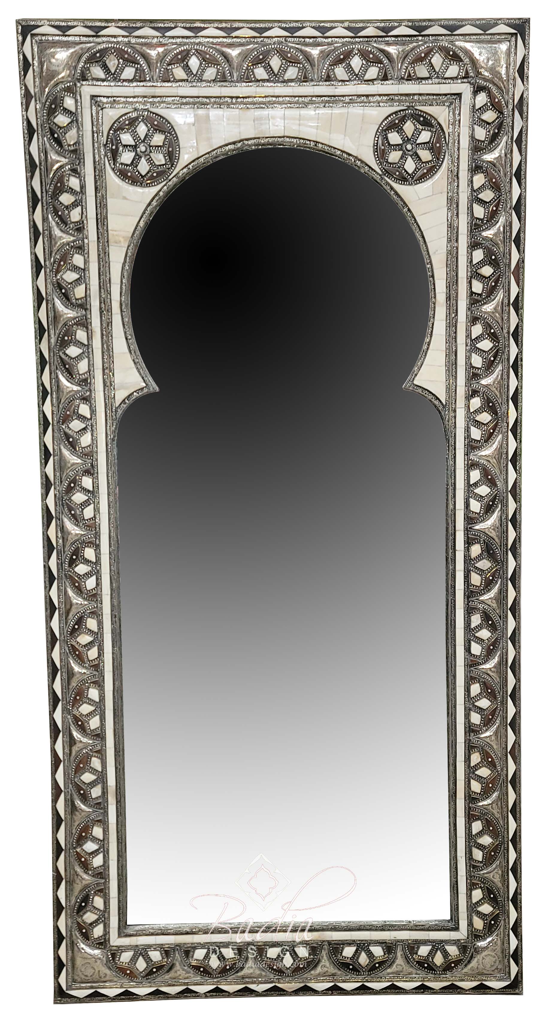 Tall Rectangular Embossed Metal and Camel Bone Inlay Mirror