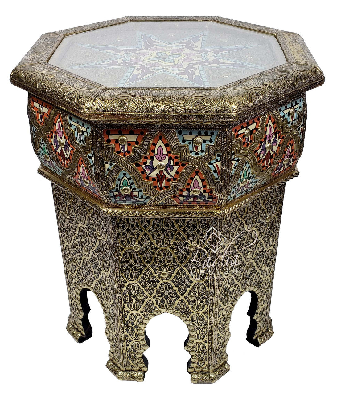 Octagonal Hand Carved Brass Table with Glass Top
