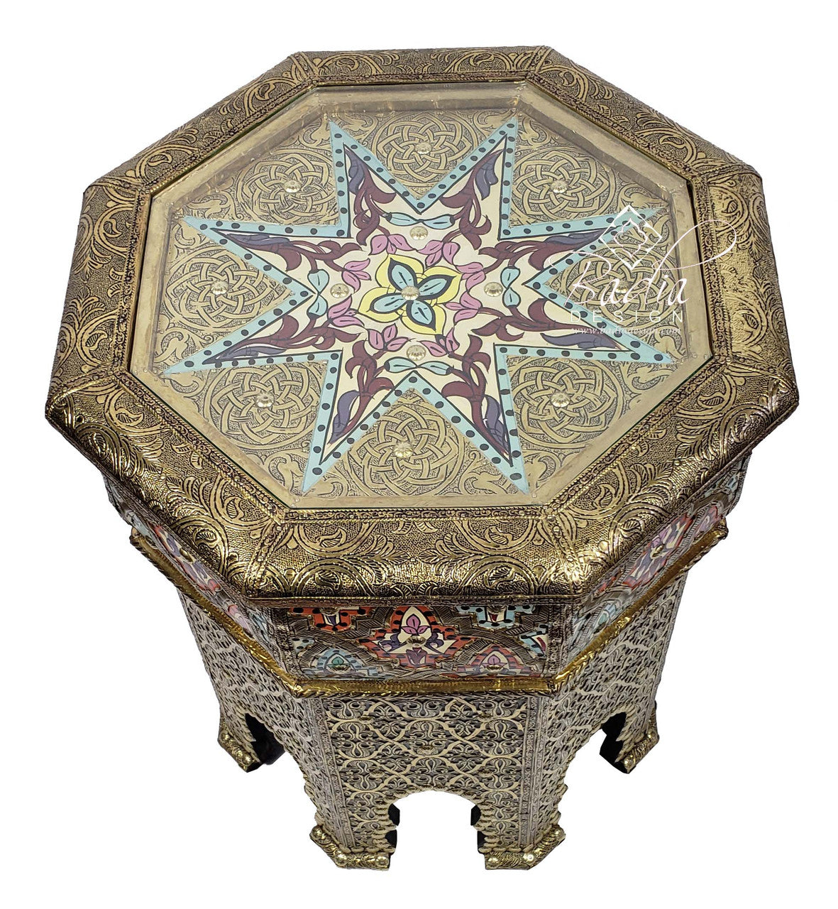 Octagonal Hand Carved Brass Table with Glass Top