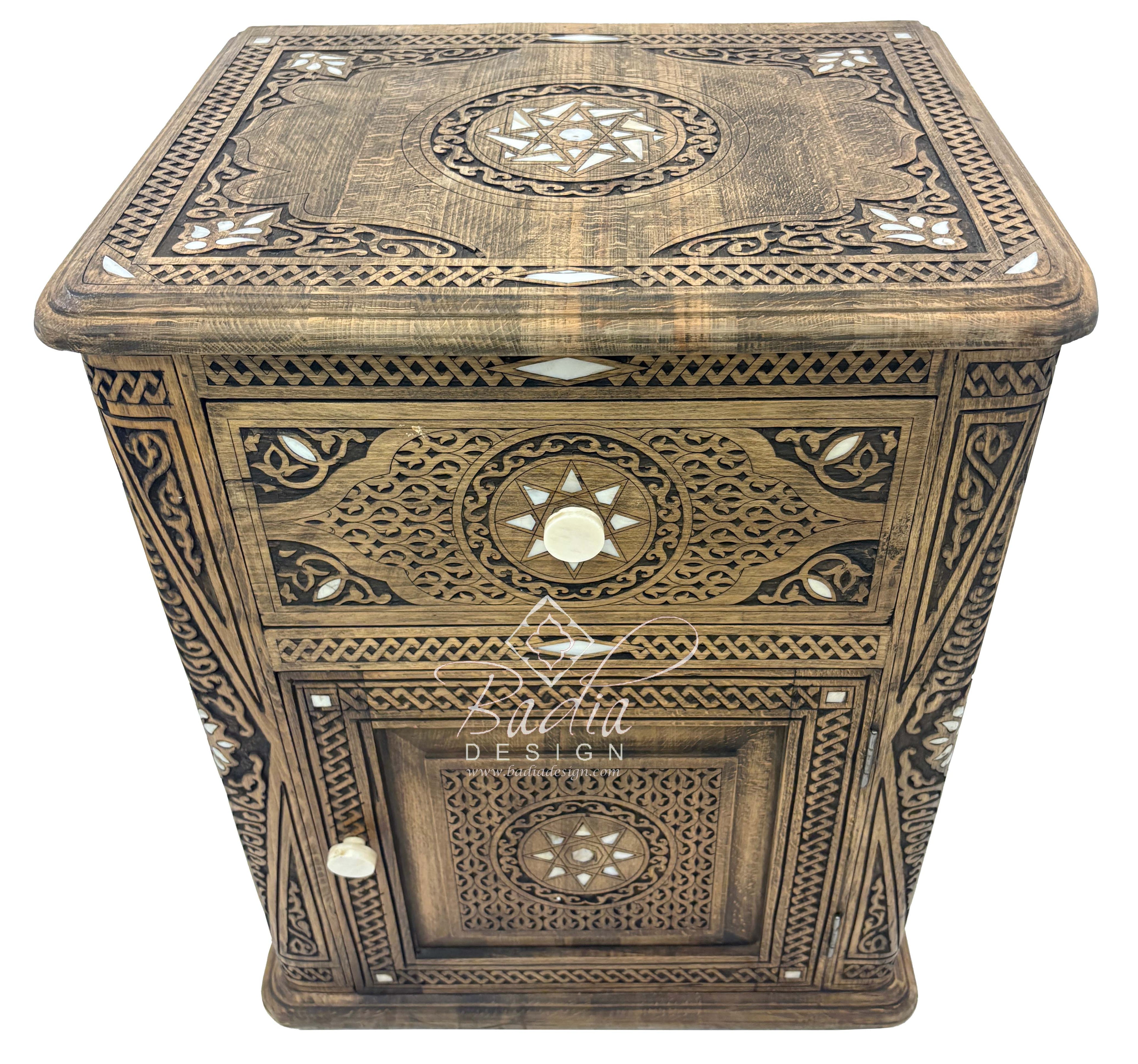Mother of Pearl Inlay Bedside Light Stained Nightstand