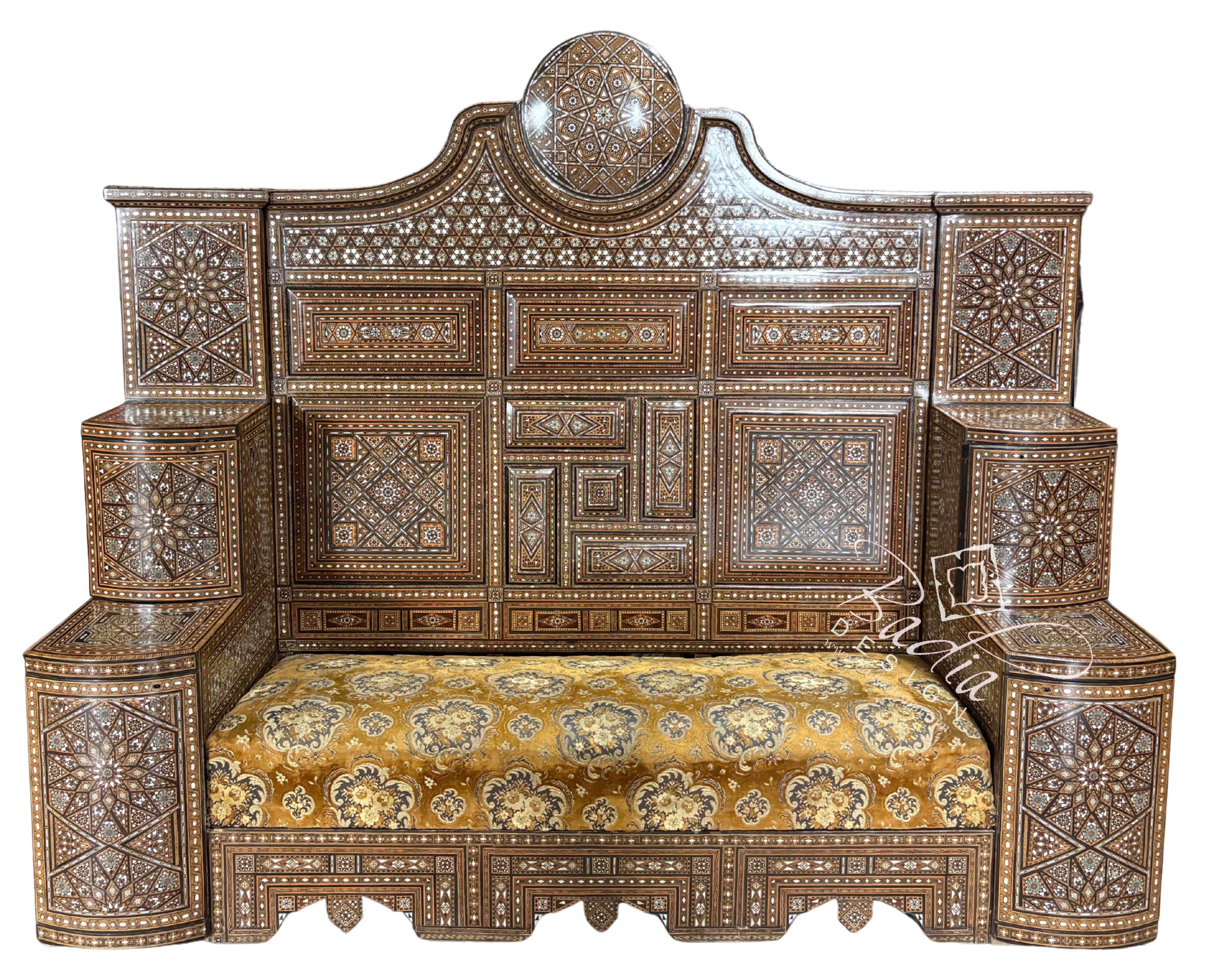 Mother of Pearl Inlay Throne Bench with Upholstered Seat