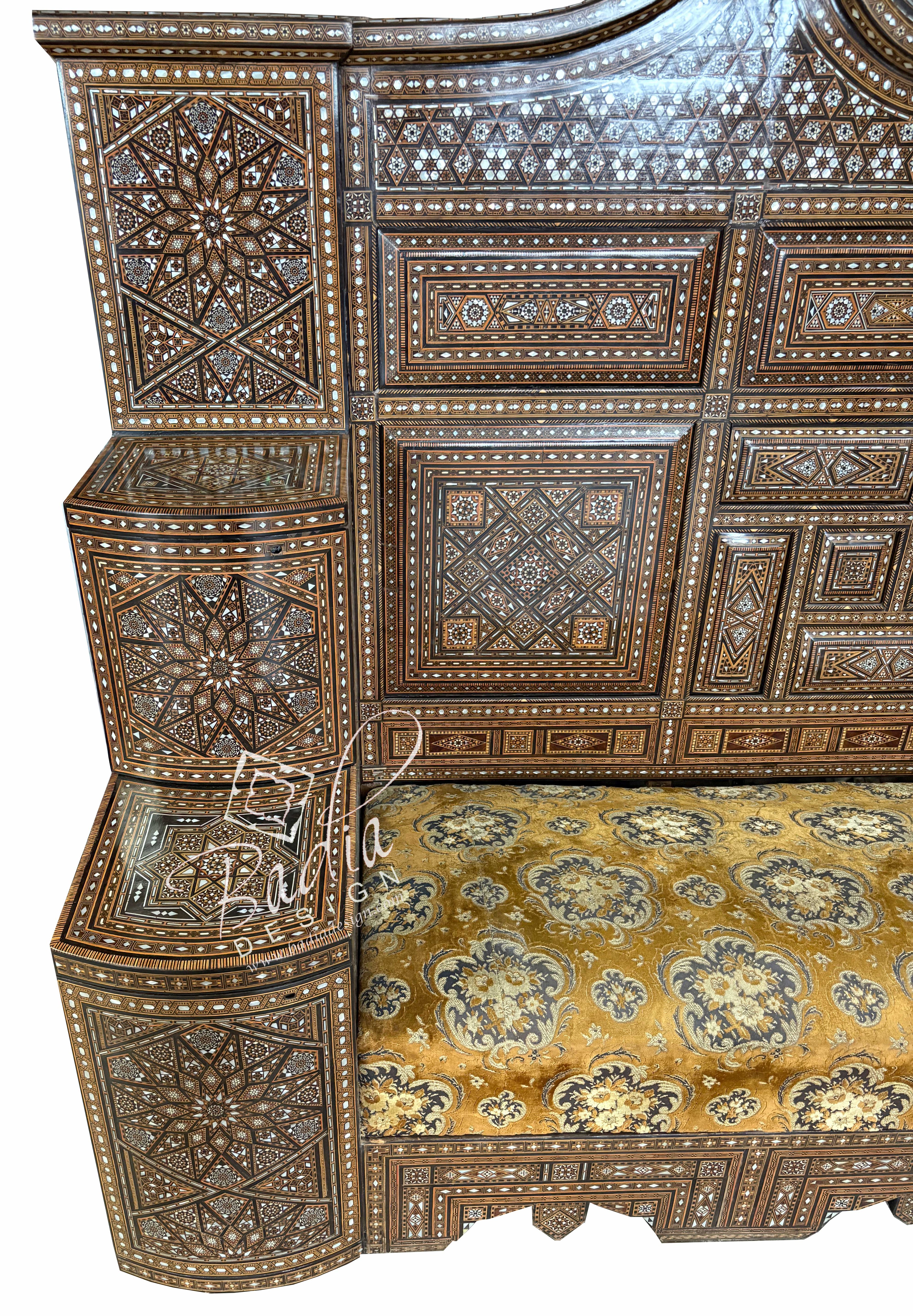 Mother of Pearl Inlay Throne Bench with Upholstered Seat