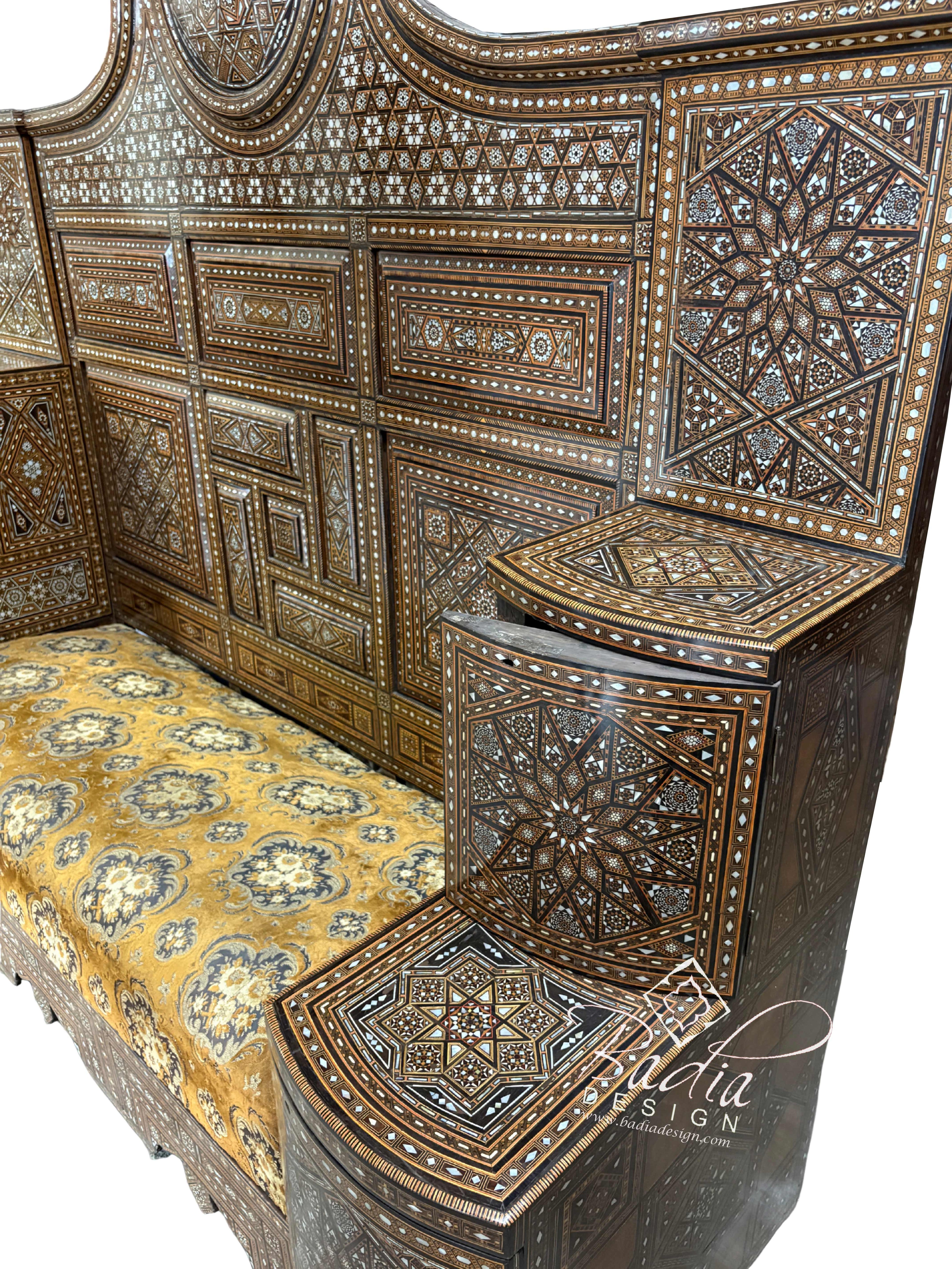 Mother of Pearl Inlay Throne Bench with Upholstered Seat
