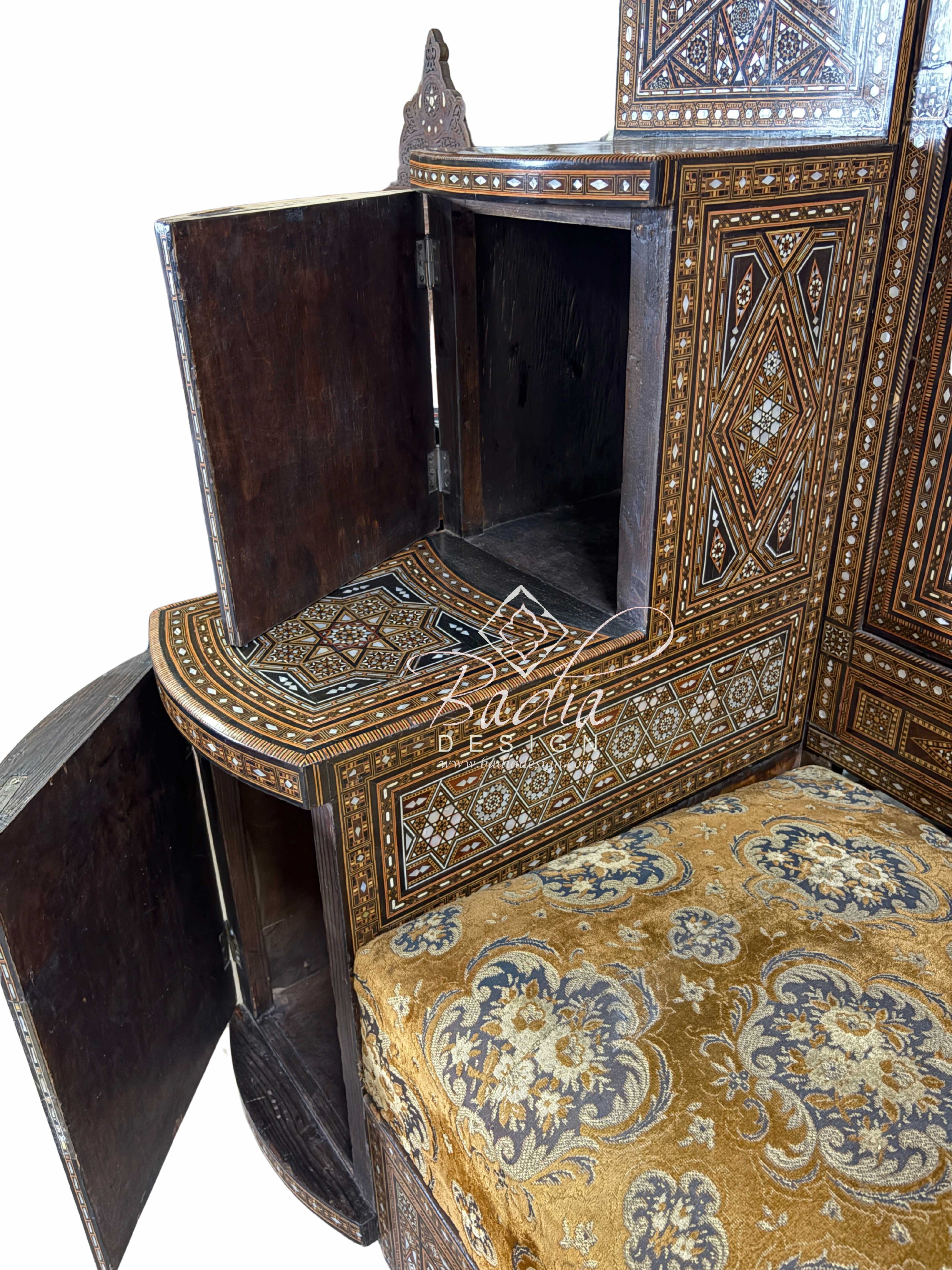 Mother of Pearl Inlay Throne Bench with Upholstered Seat