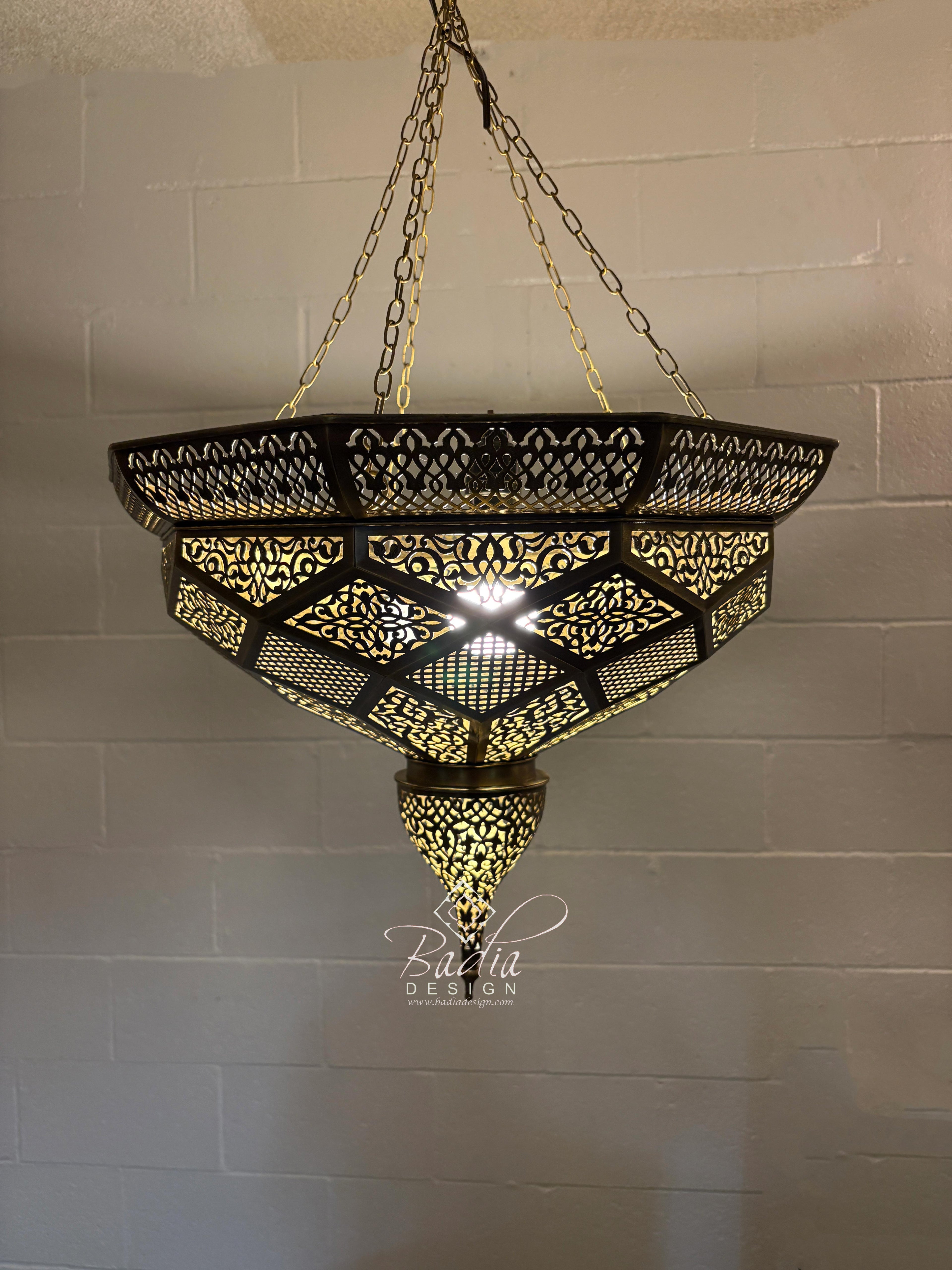 Multi-Tiered Brass Chandelier with Geometric Designs