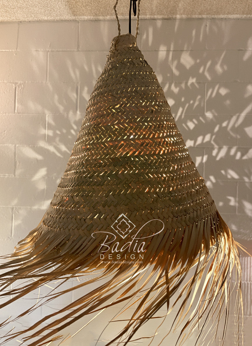 Hand Woven Cone Shaped Raffia Lantern with Fringe