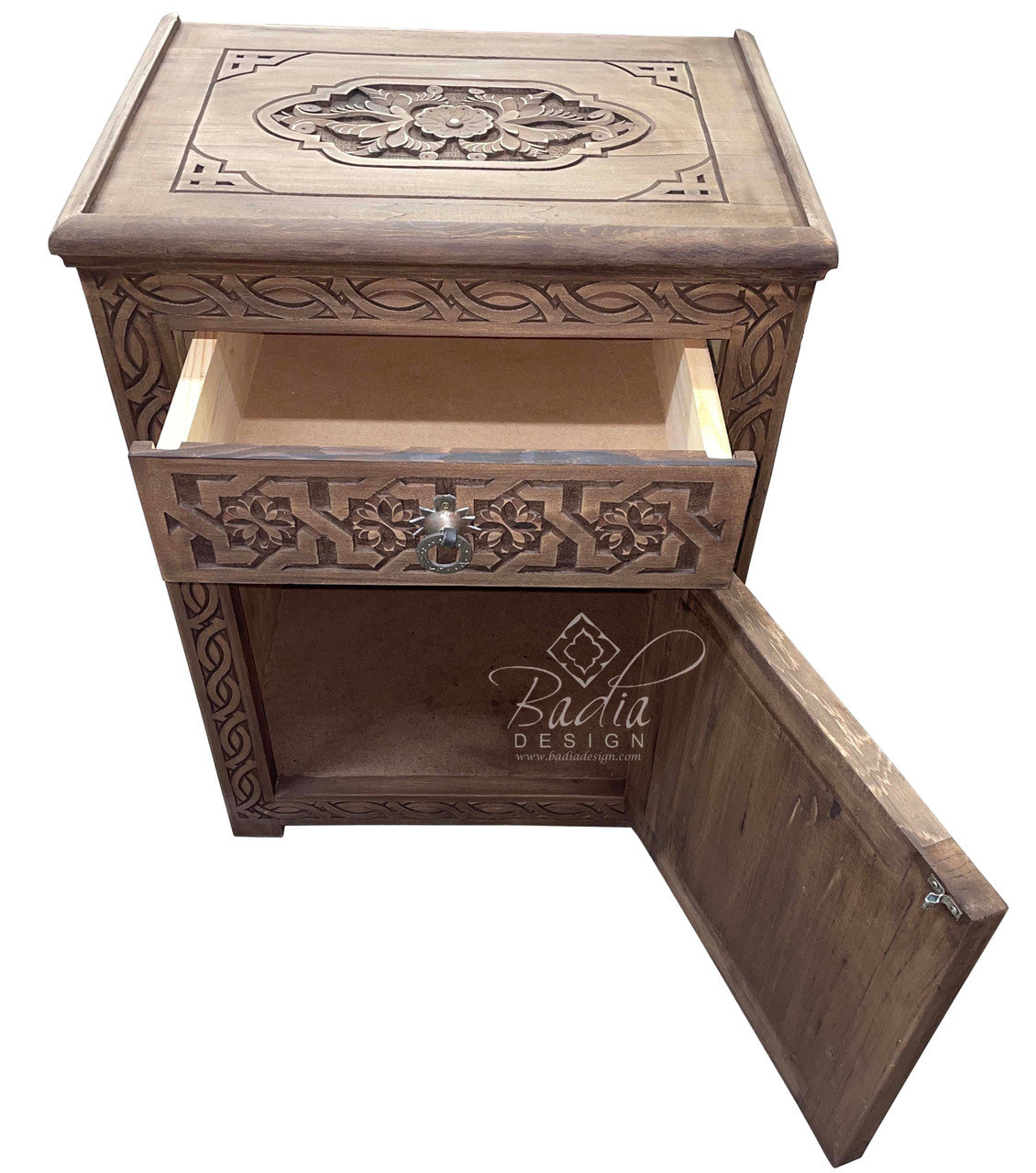 Stained Hand Carved Wooden Nightstand