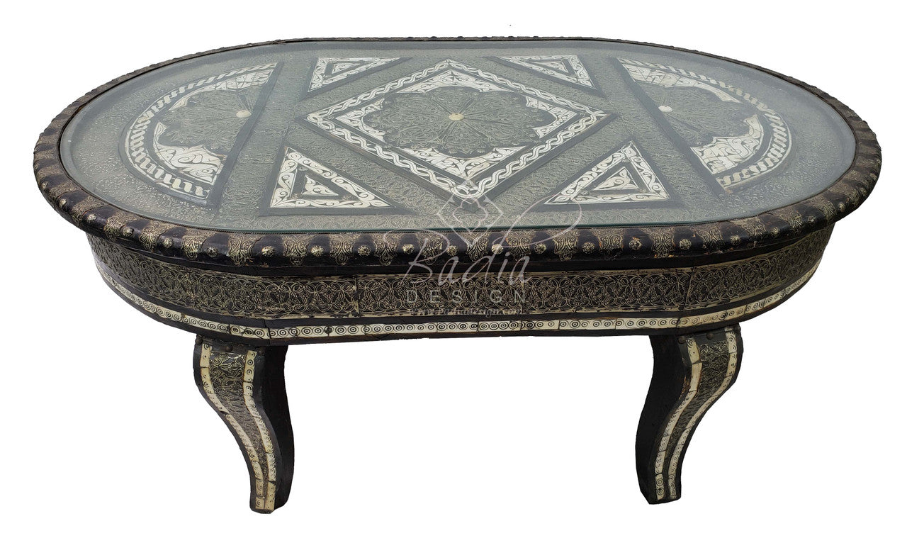 Oval Embossed Metal and Bone Inlay Table