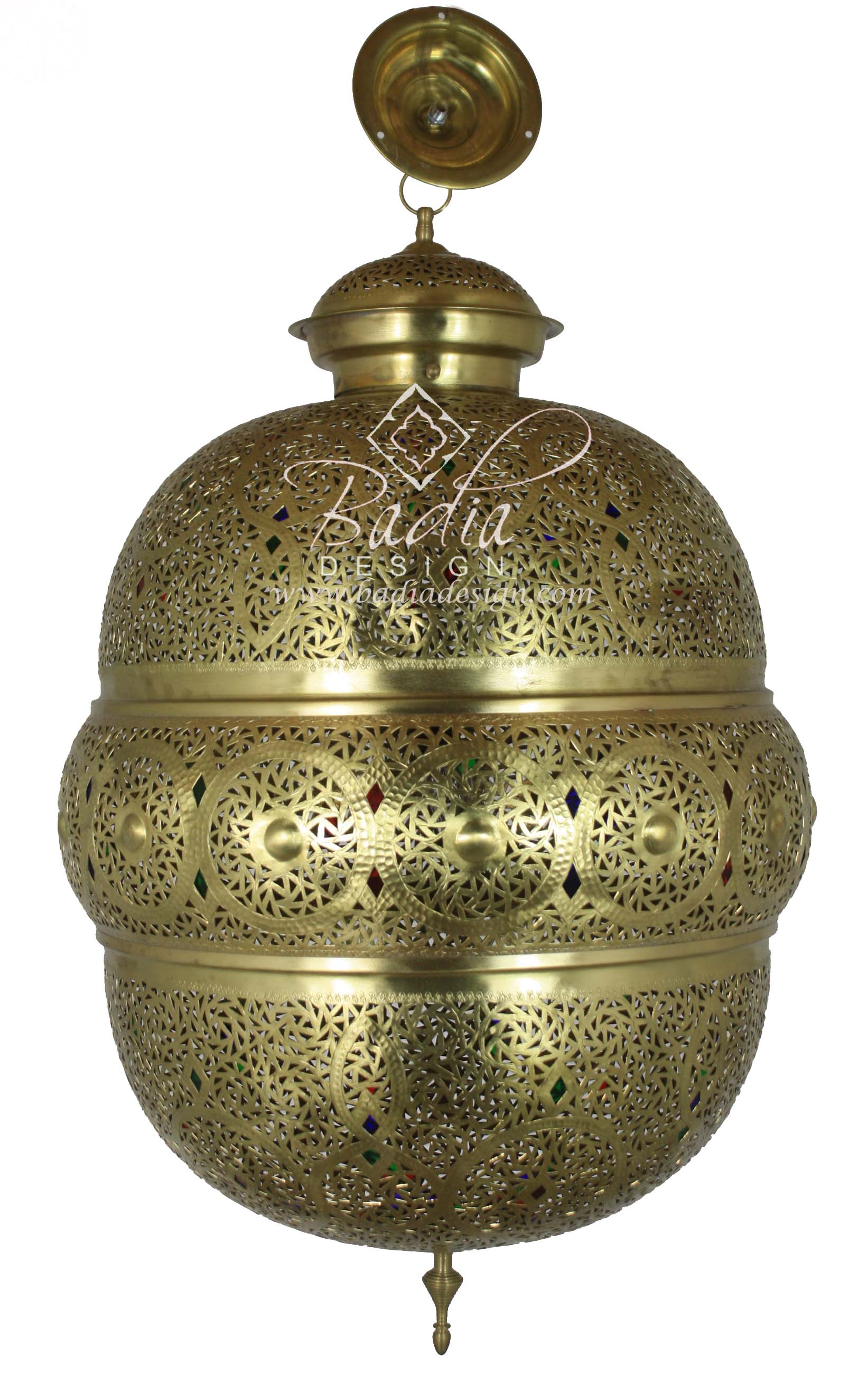 Moroccan Brass Chandelier with Multi Color Glass Eyelets