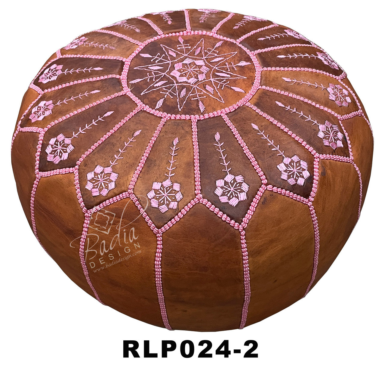 Round Moroccan Leather Pouf with Color Stitching