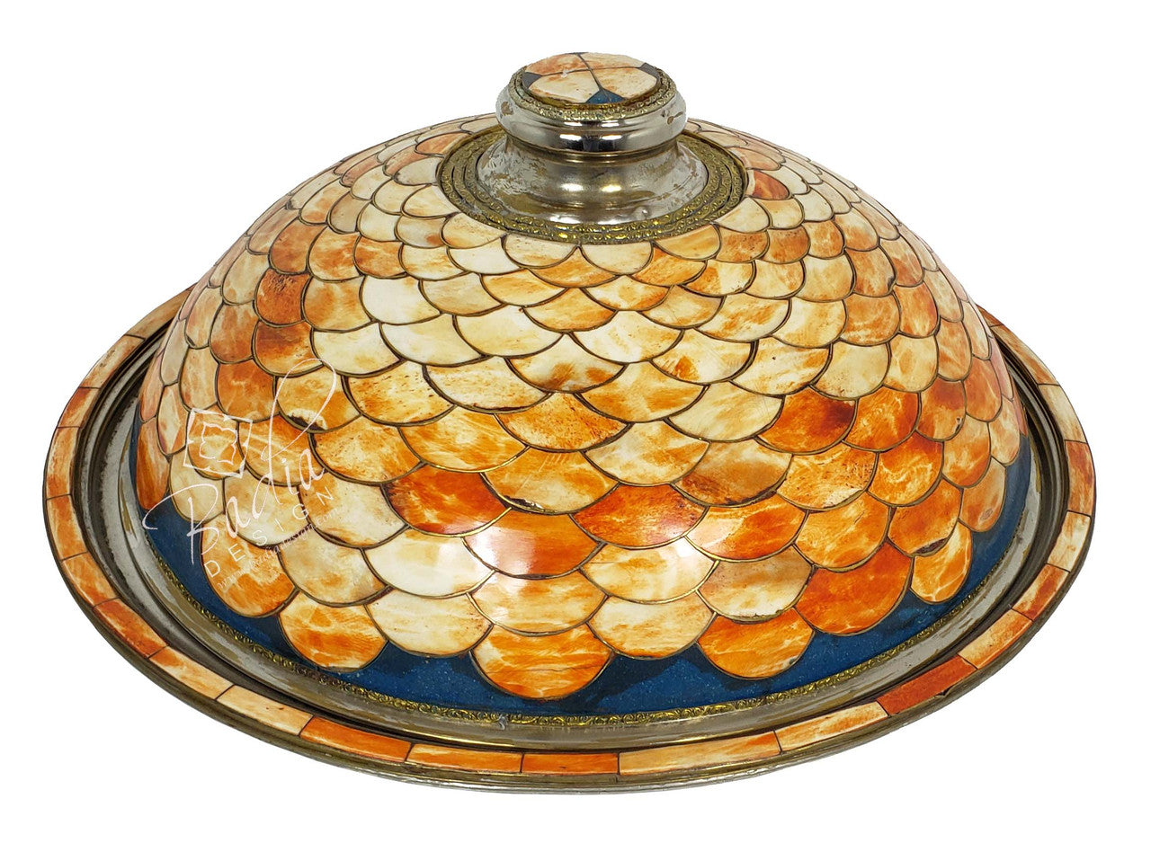 Round Silver Metal and Orange Bone Inlay Tray