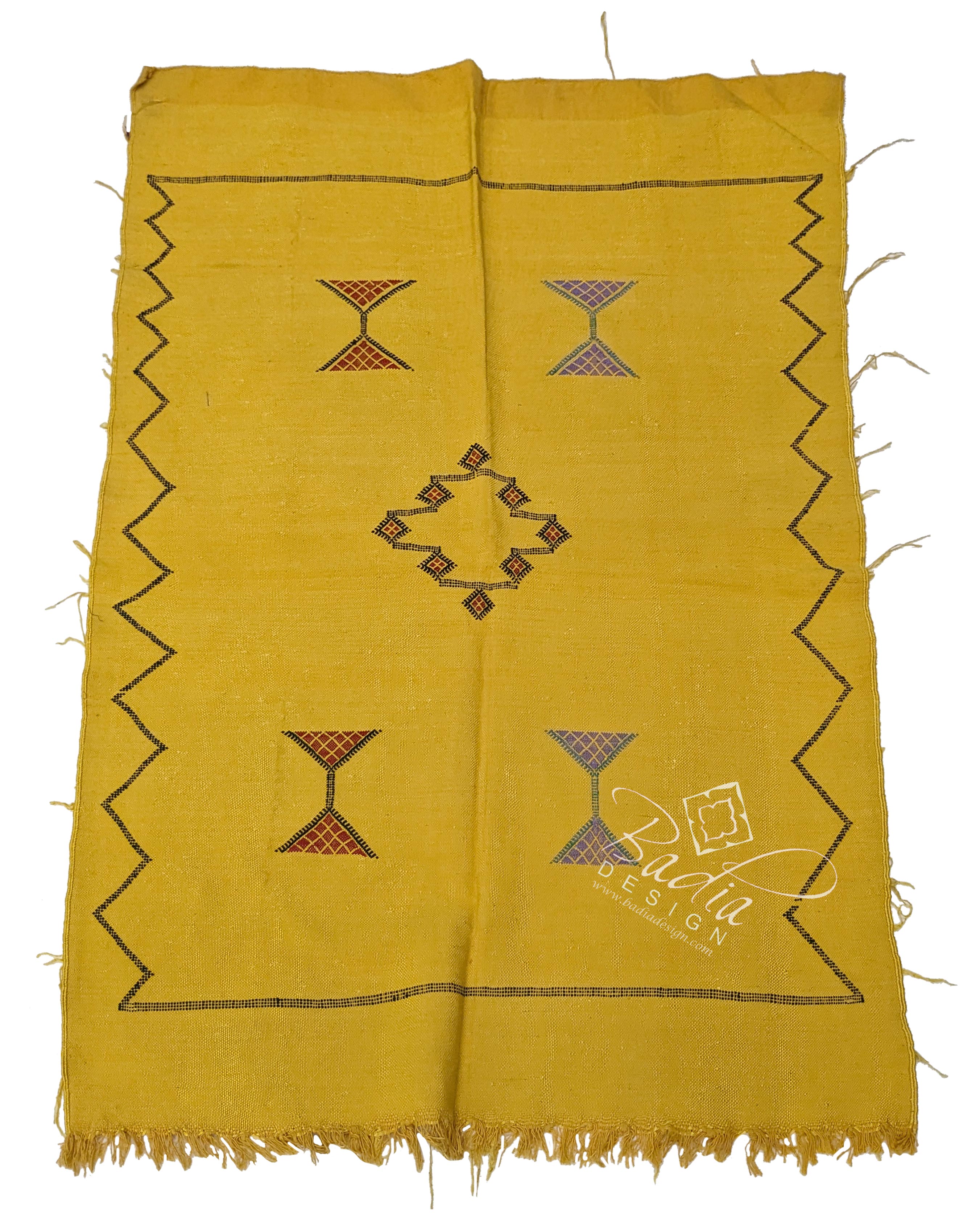 Yellow Tribal Rug with Embroidered Geometric Designs