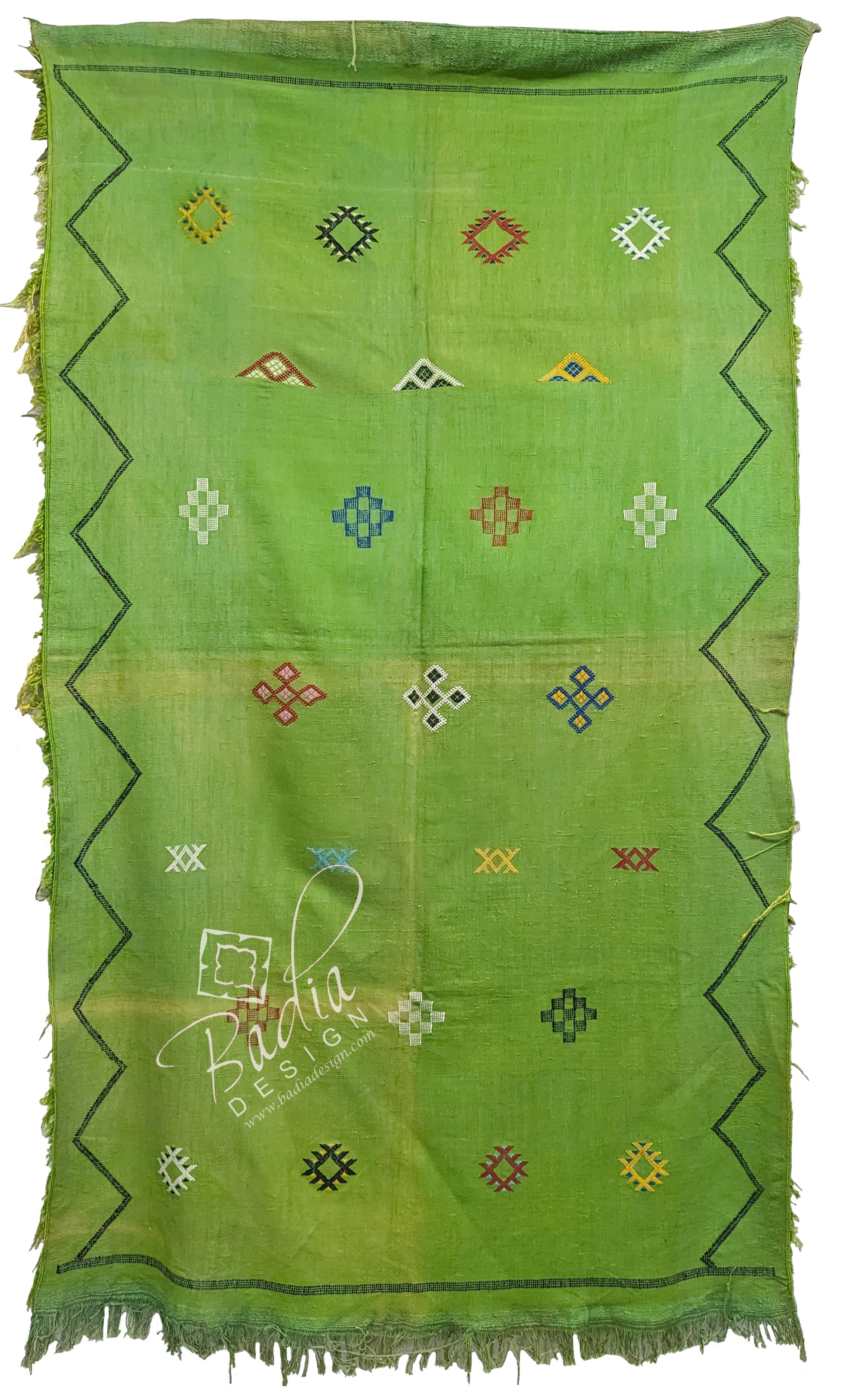 Green Tribal Rug with Embroidered Geometric Designs