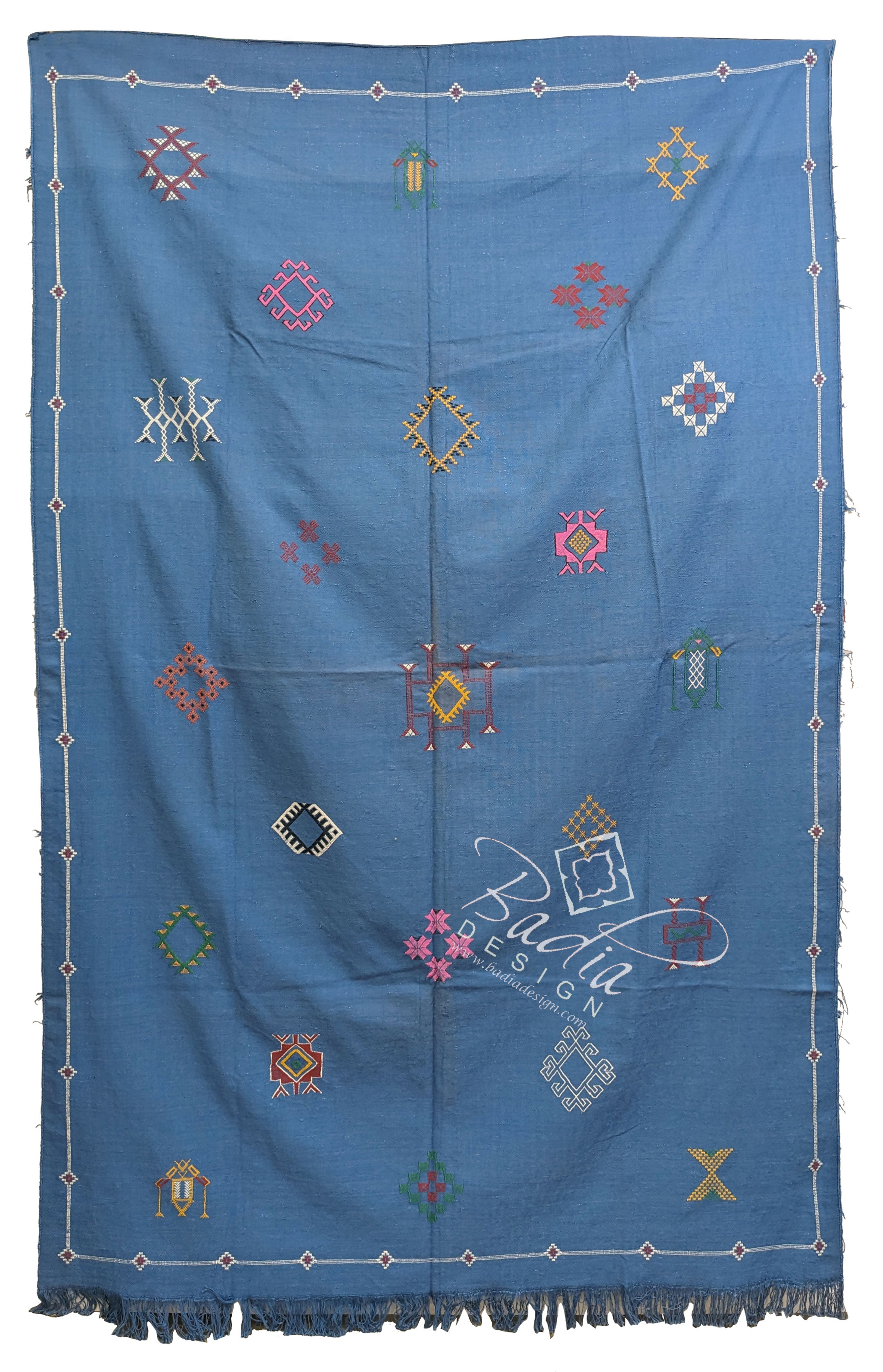 Blue Tribal Rug with Colorful Embroidered Geometric Designs