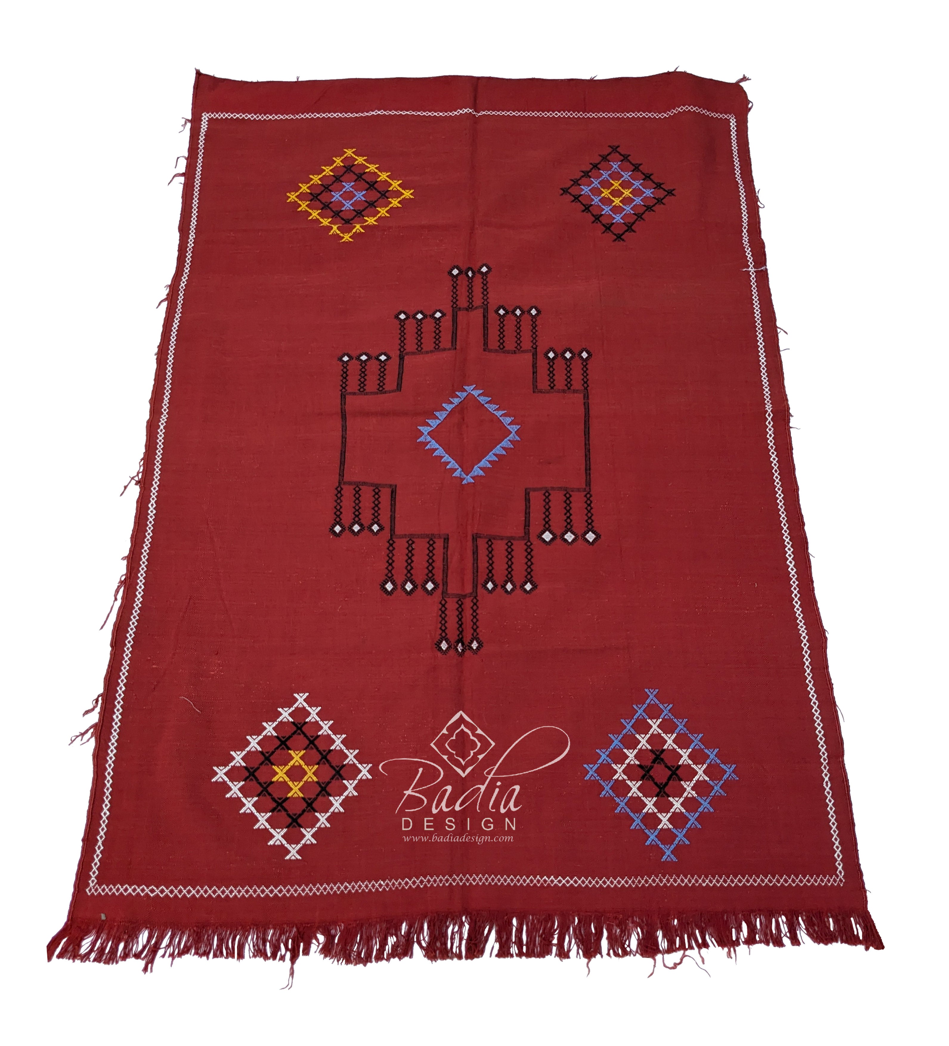 Red Tribal Rug with Embroidered Geometric Designs