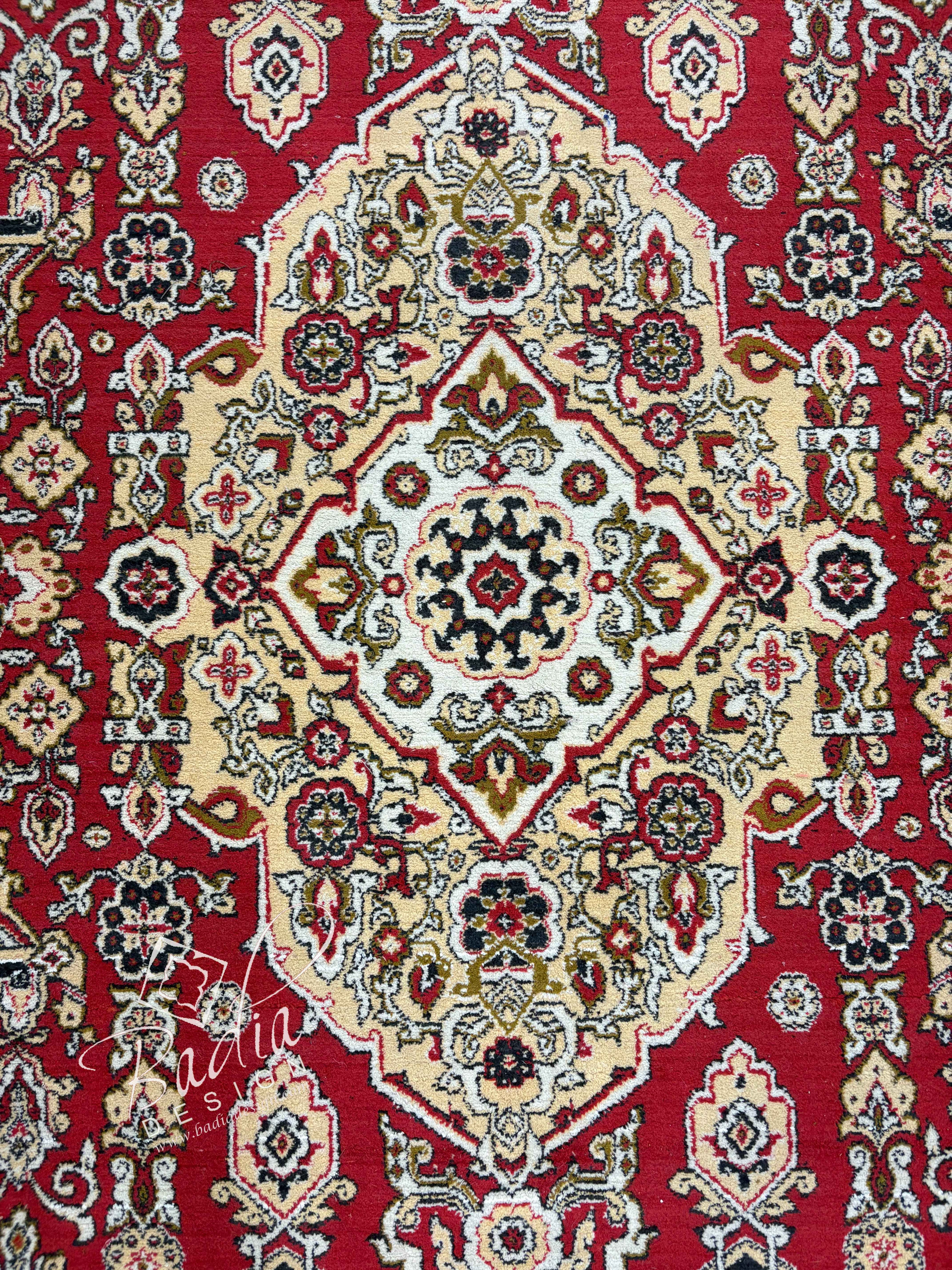 Moroccan Deep Red Rug Bordered by Cream Color Designs