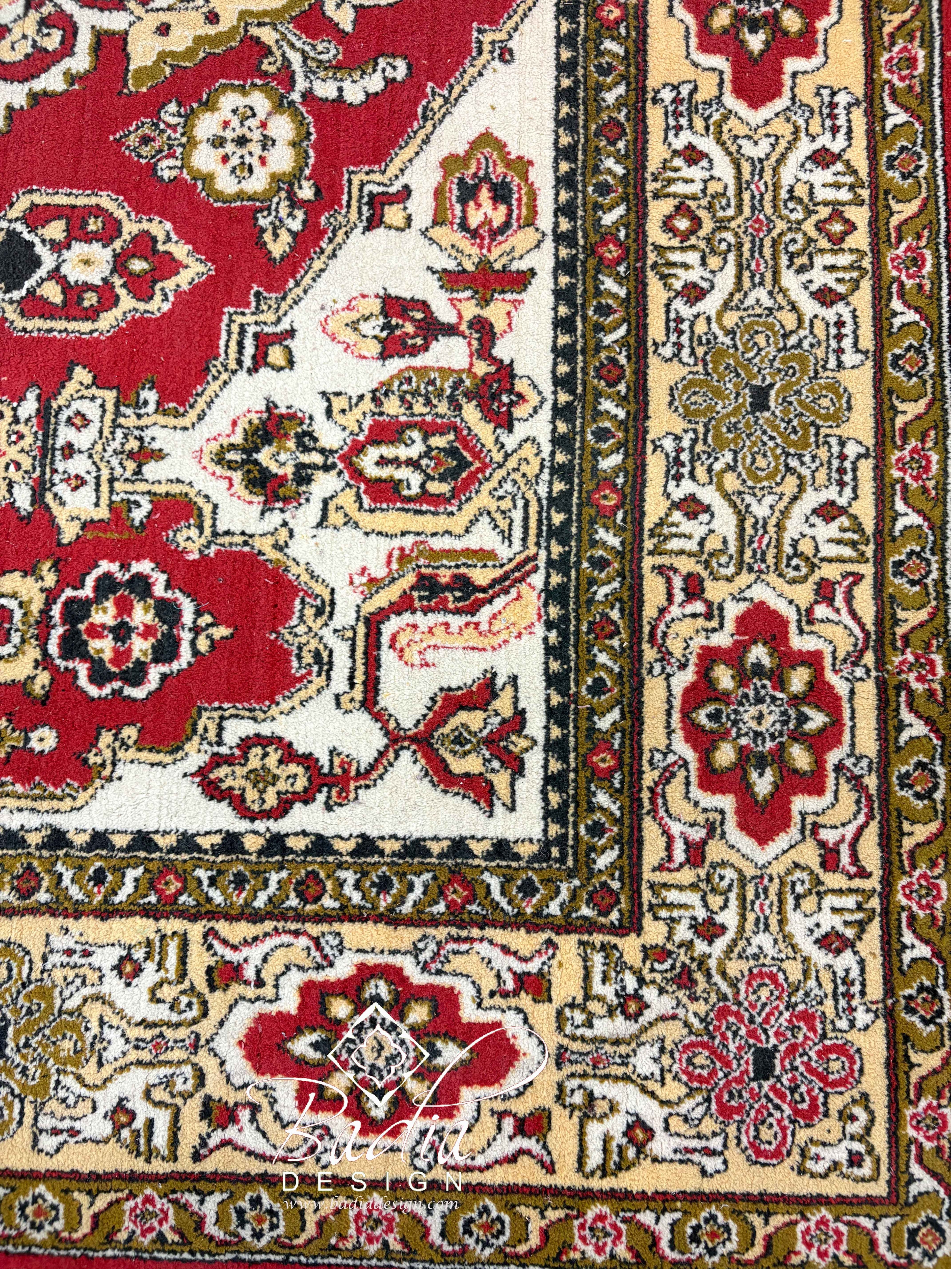 Moroccan Deep Red Rug Bordered by Cream Color Designs