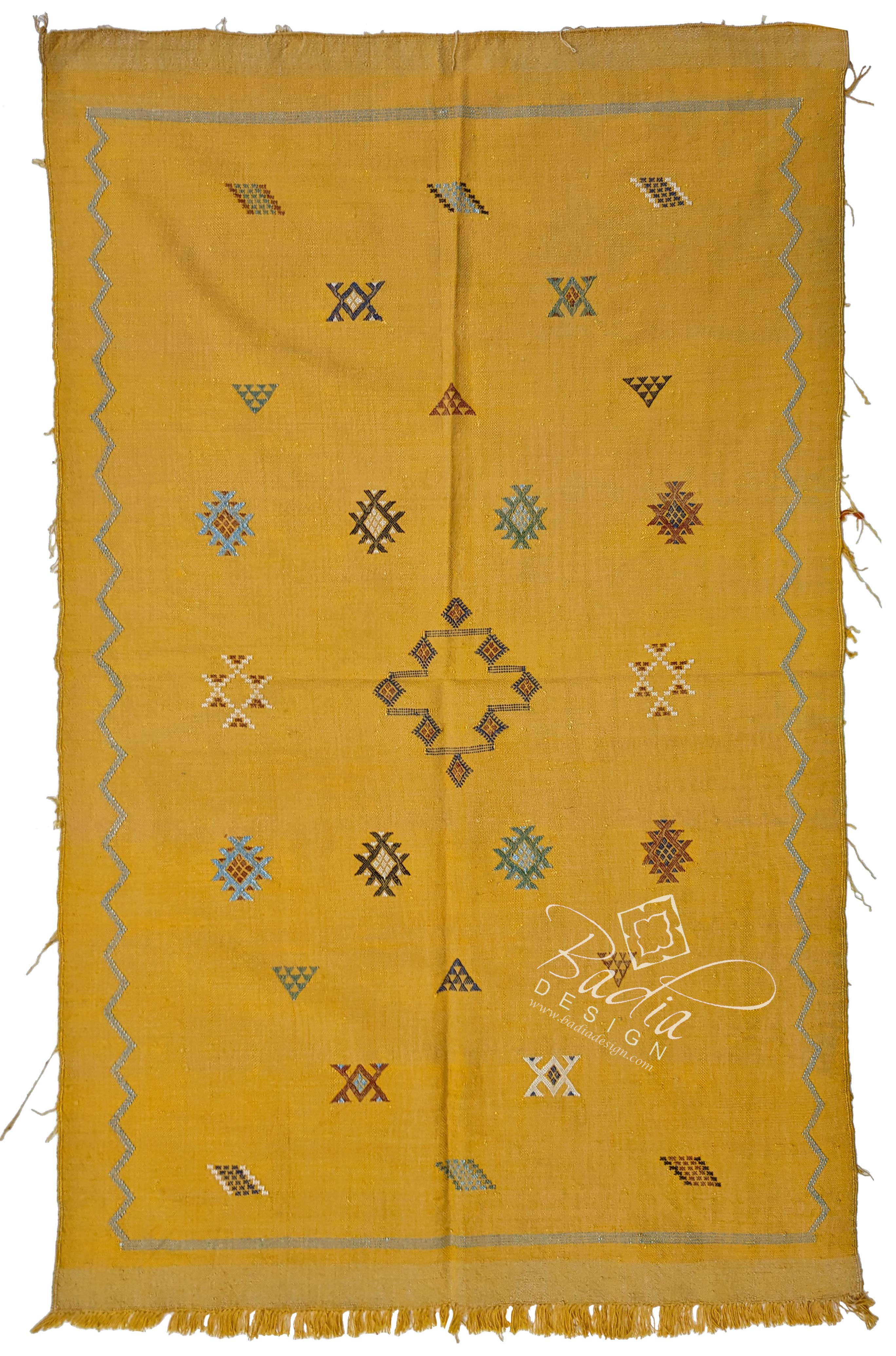 Yellow Cactus Silk Rug with Tribal Designs