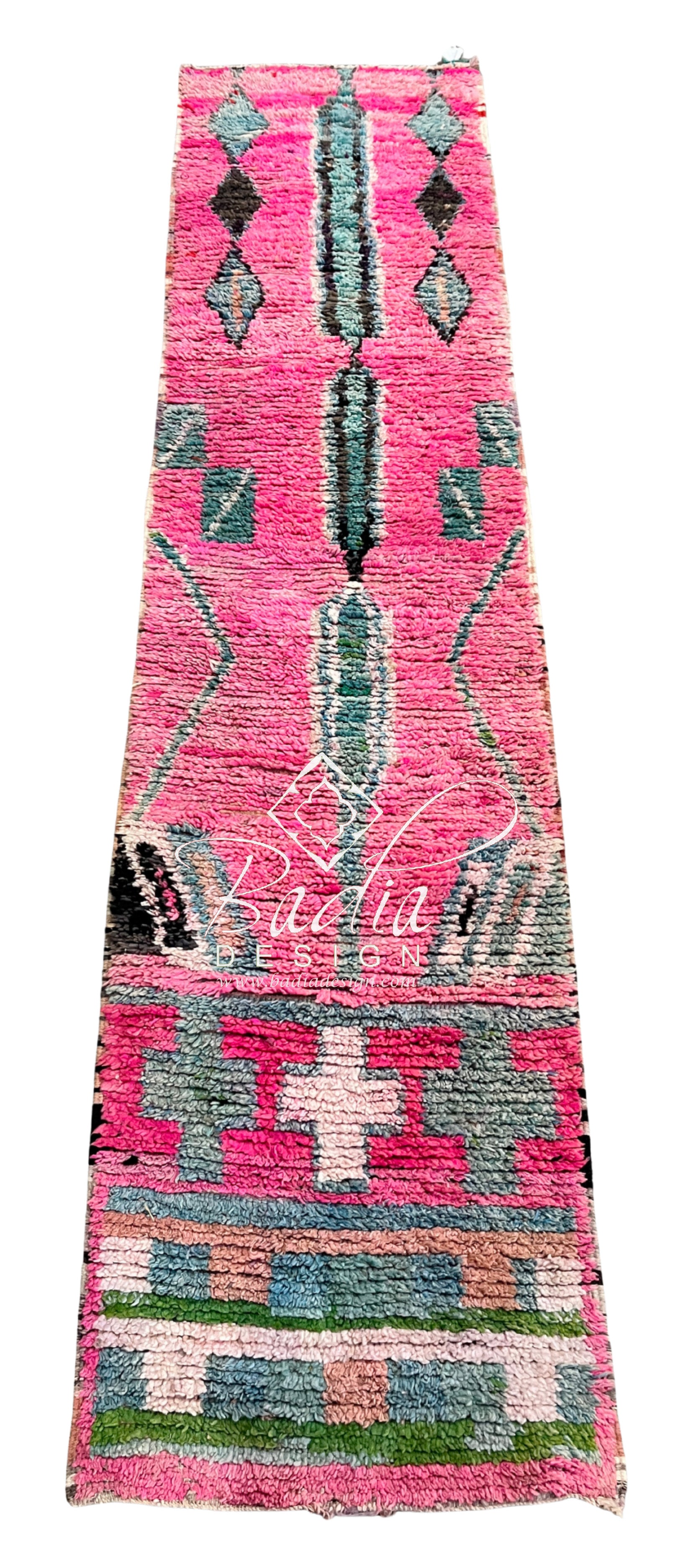 Pink Moroccan Runner Rug with Teal Geometric Designs