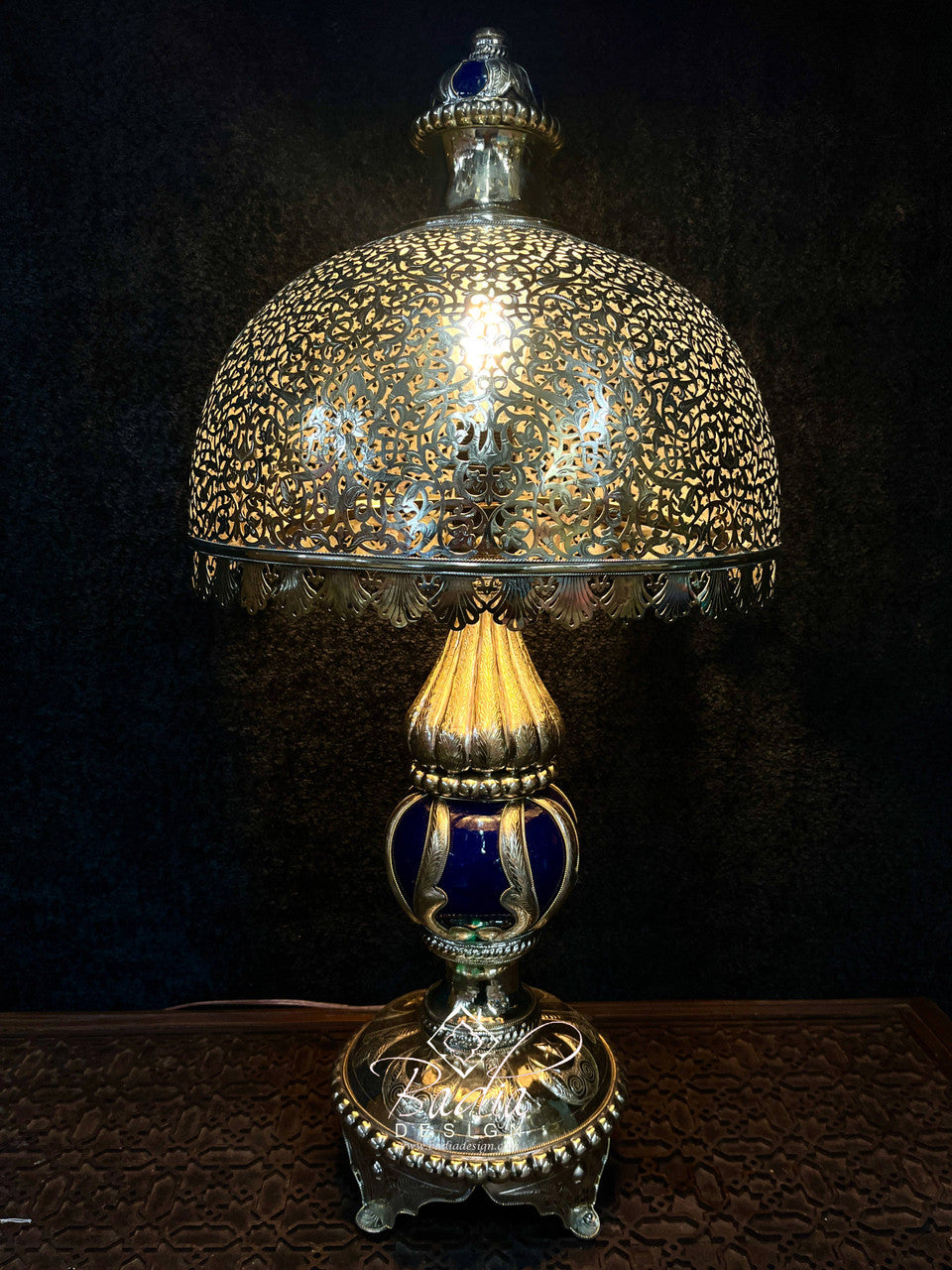 Intricately Designed Silver and Ceramic Desktop Lamp