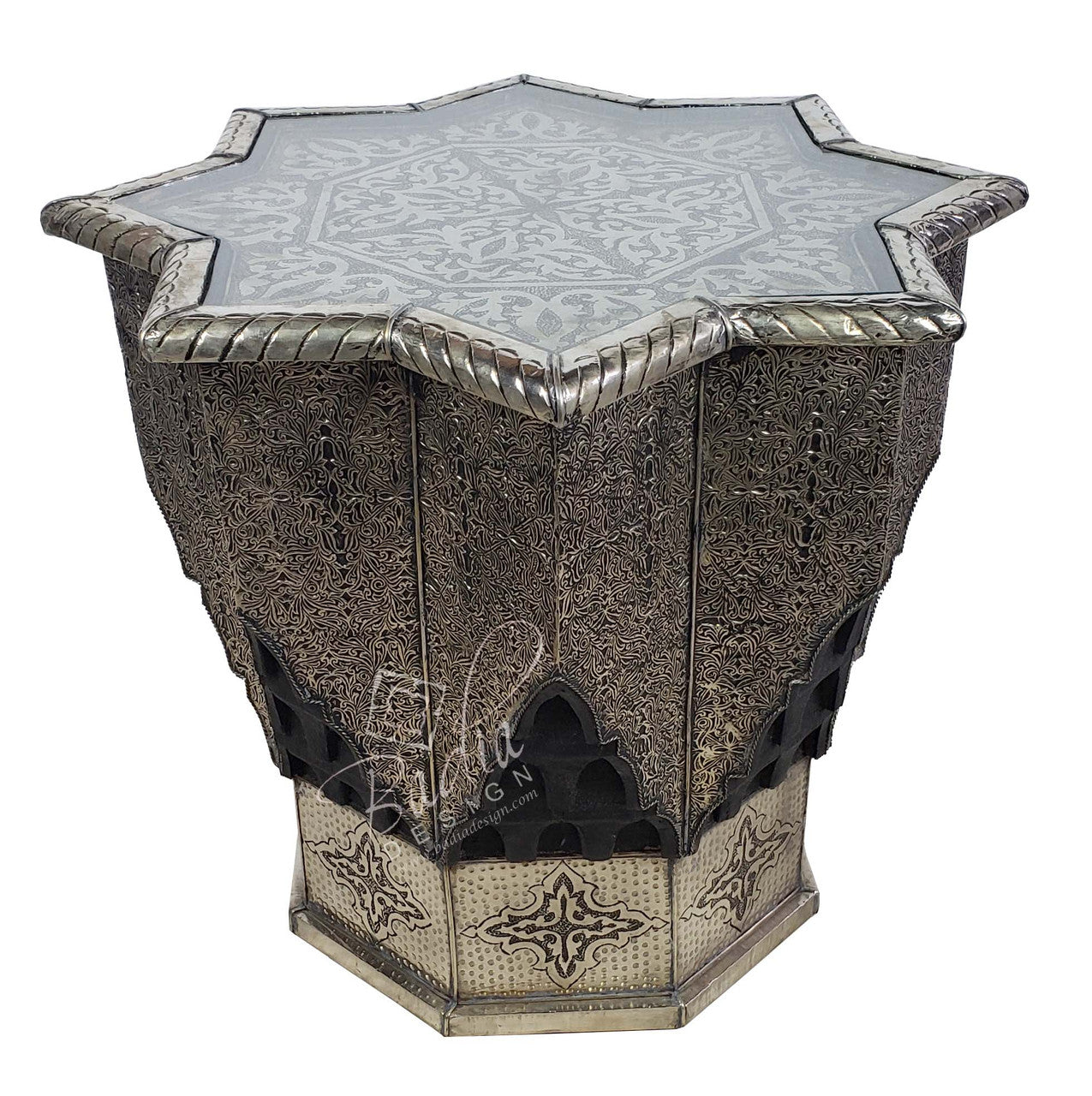 Silver Embossed Nickel Star Table with Glass Top