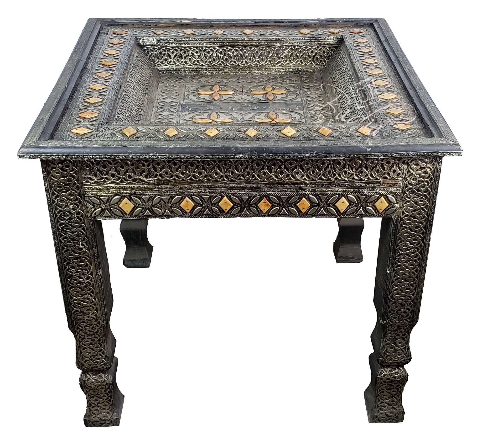 Moroccan Square Embossed Metal and Bone Table