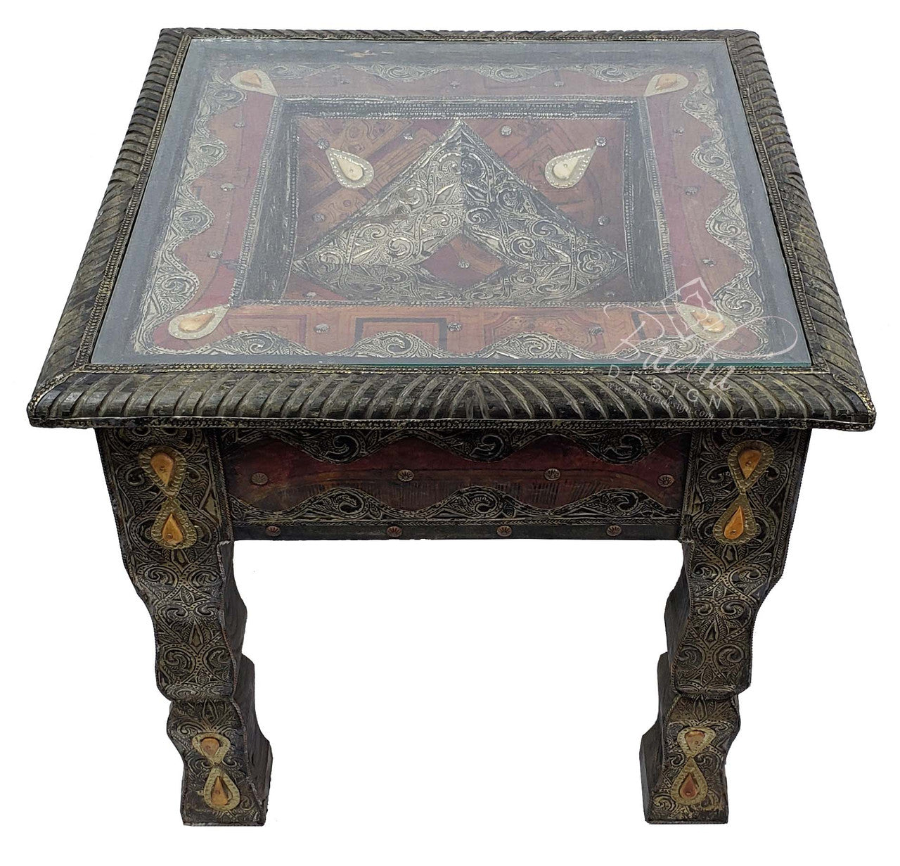 Vintage Square Embossed Metal and Bone Table