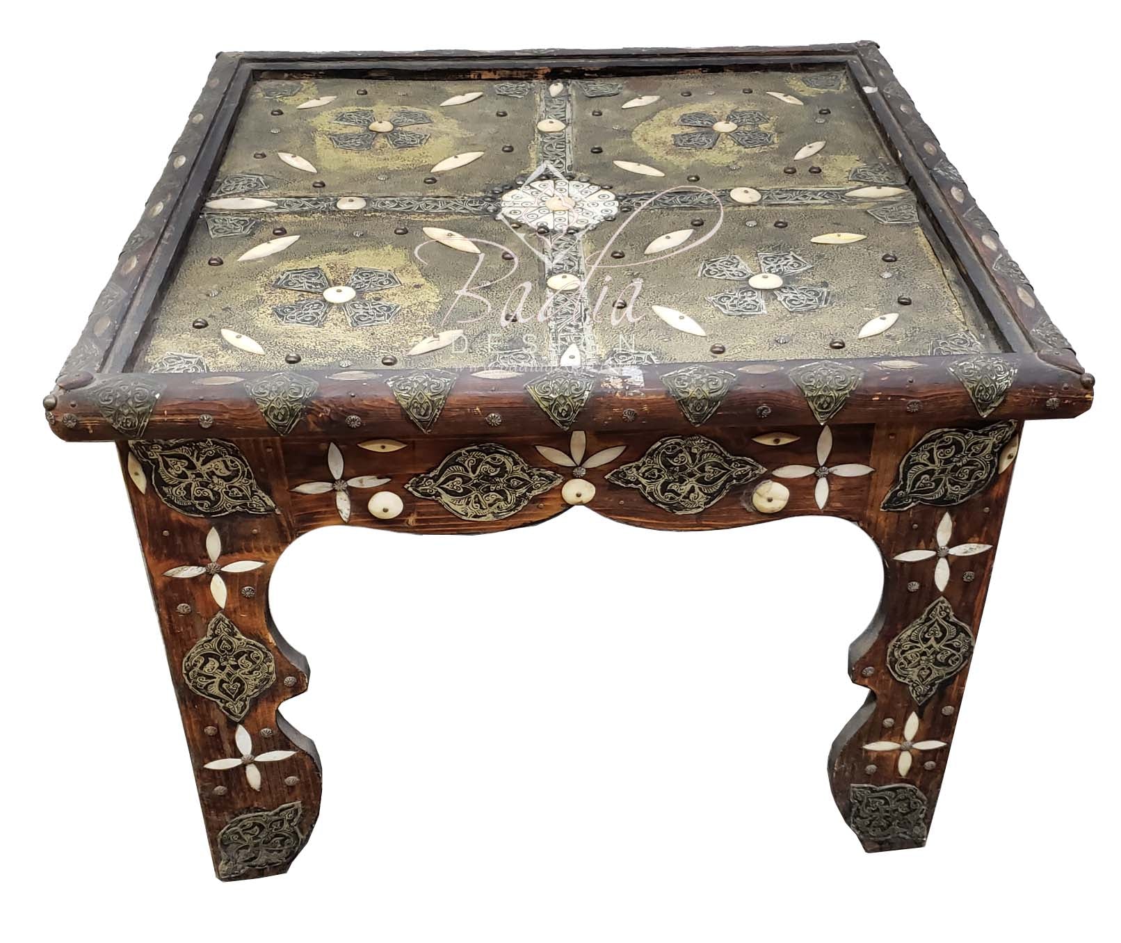 Moroccan Square Embossed Metal and Bone Table