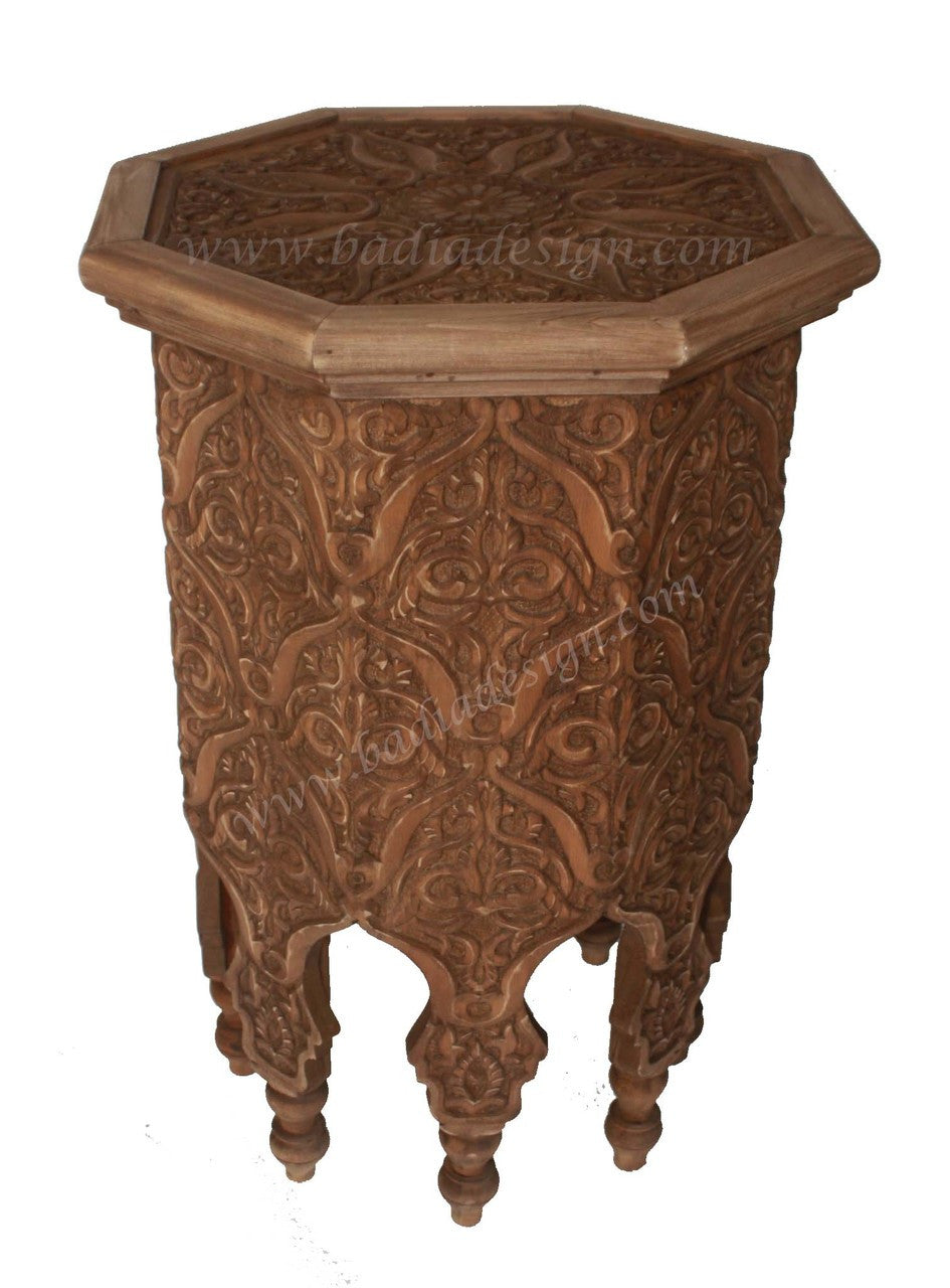 Moroccan Hand Carved Wood Table with Glass Top