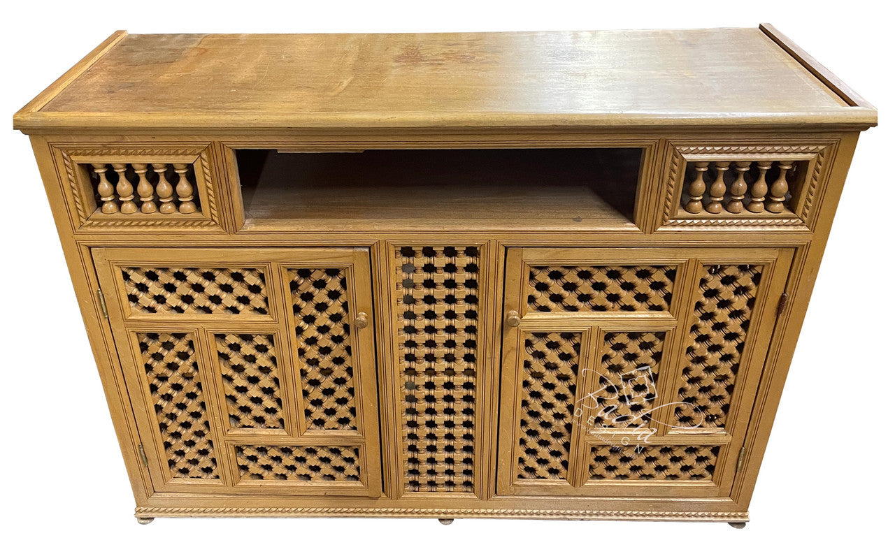 Light Stained Vintage Carved Wood Cabinet