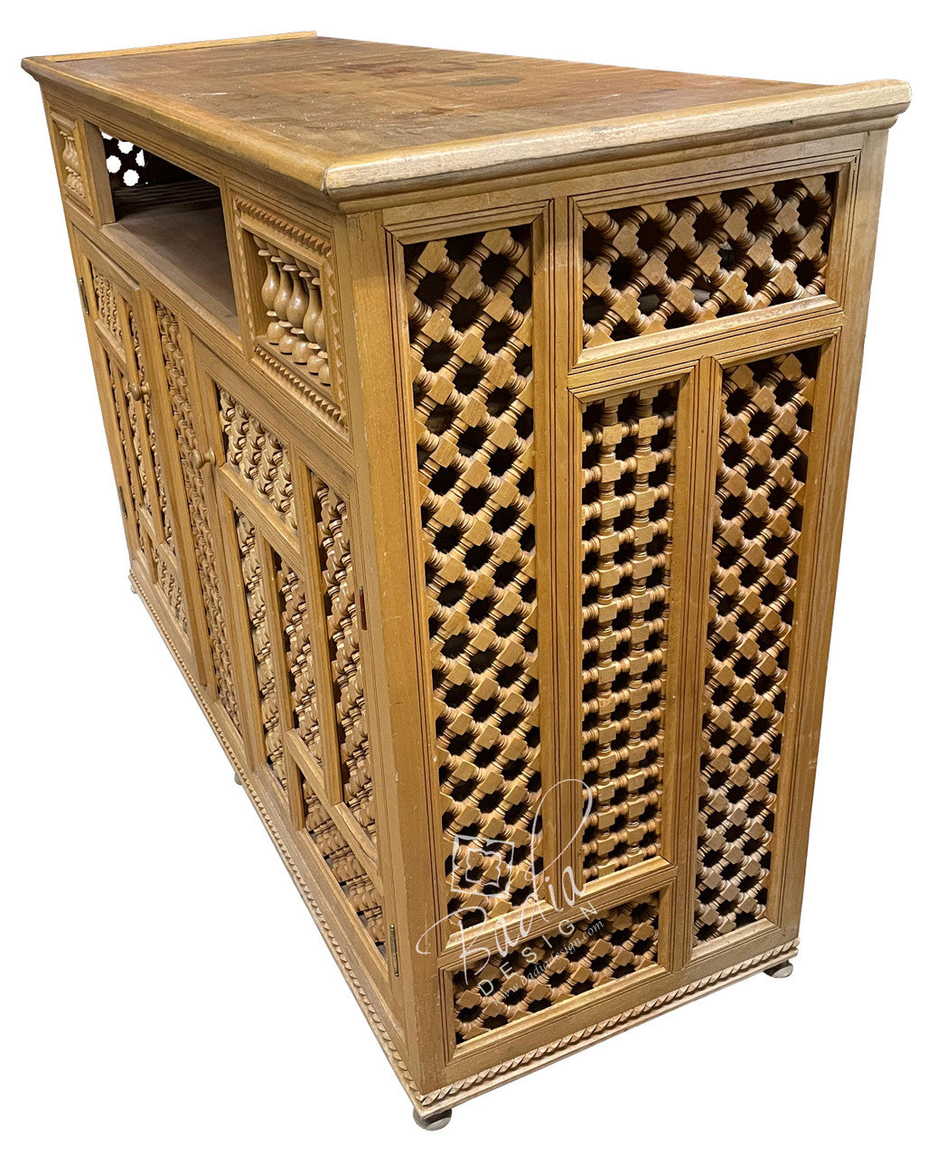 Light Stained Vintage Carved Wood Cabinet