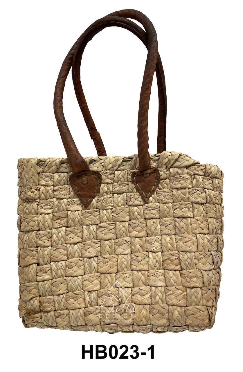 Moroccan Natural Color Handwoven Straw Handbag with Leather Handle