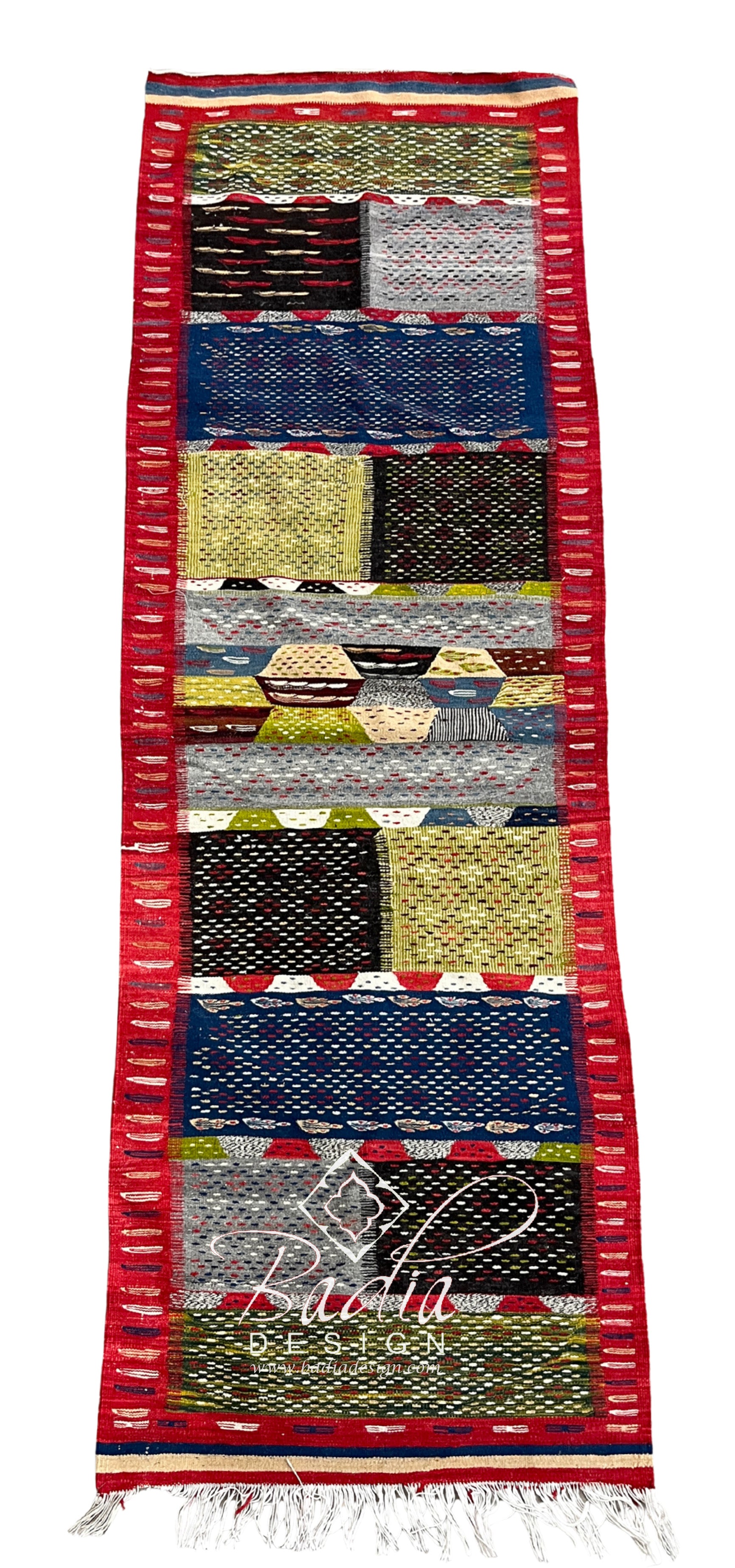 Red Moroccan Runner Rug with Multi-Color Patchwork Design