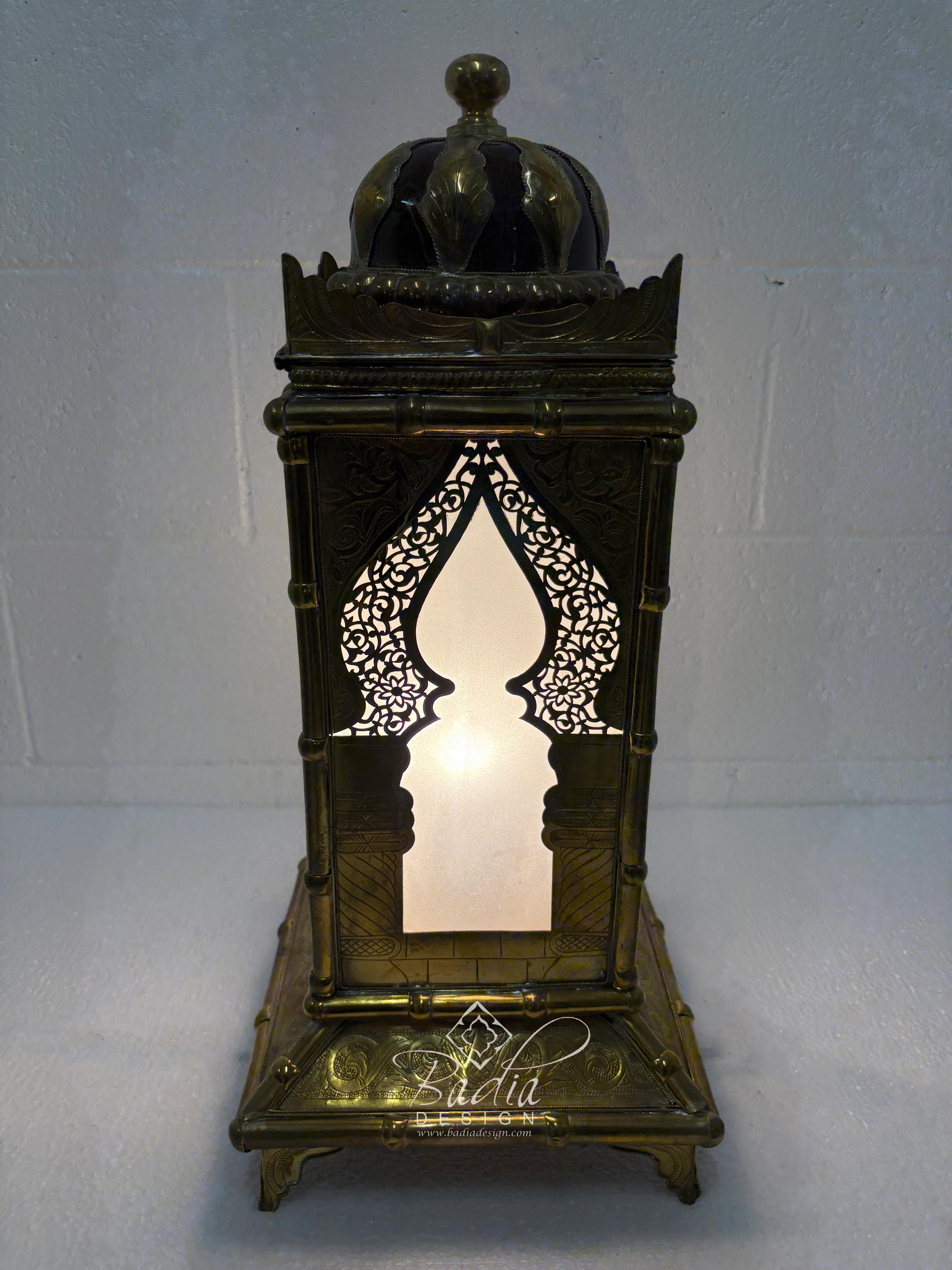 Tall Brass Floor Lantern with Burgundy Ceramic Decor