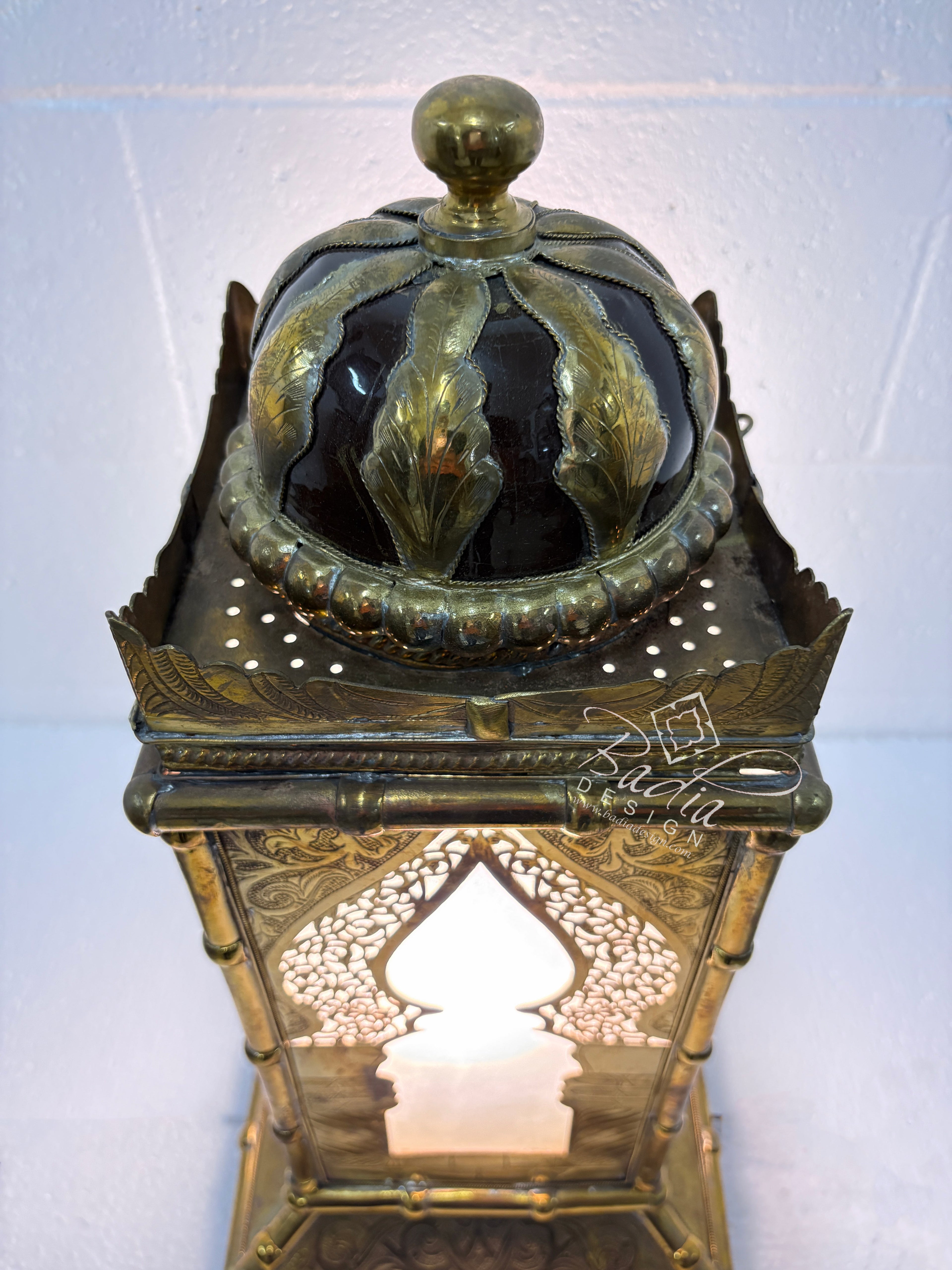 Tall Brass Floor Lantern with Burgundy Ceramic Decor