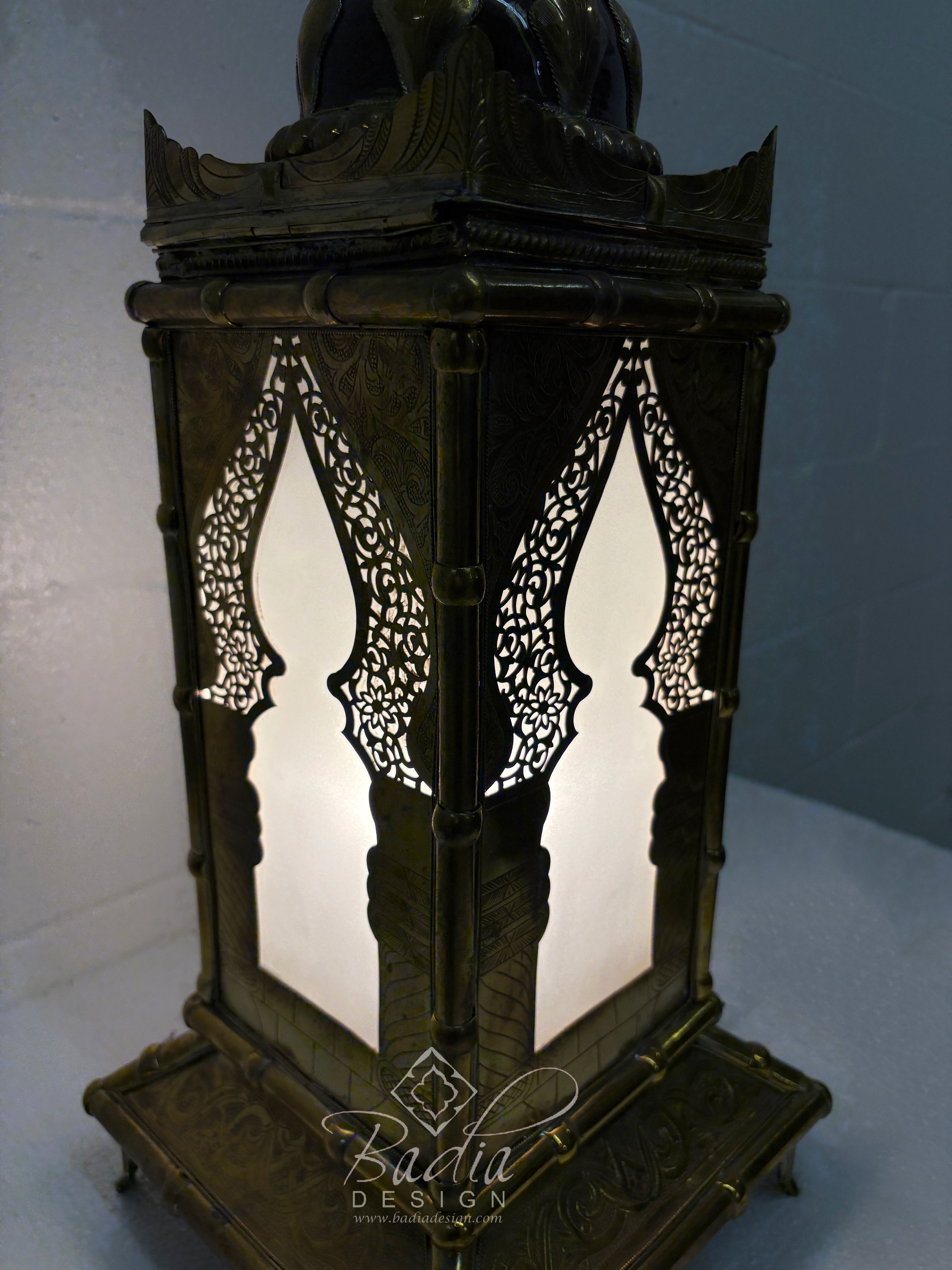 Tall Brass Floor Lantern with Burgundy Ceramic Decor