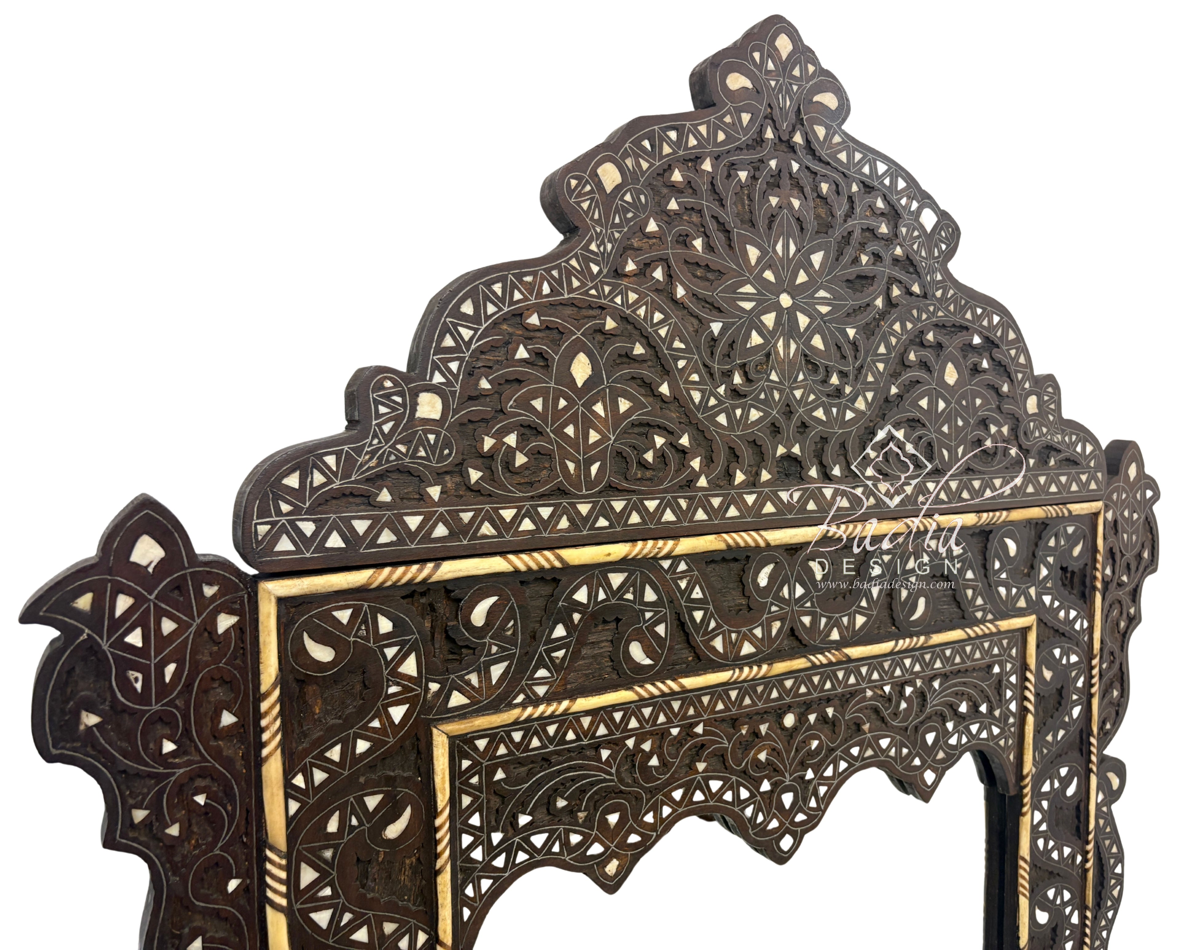 Tall Hand Carved Mirror with Mother of Pearl Inlay