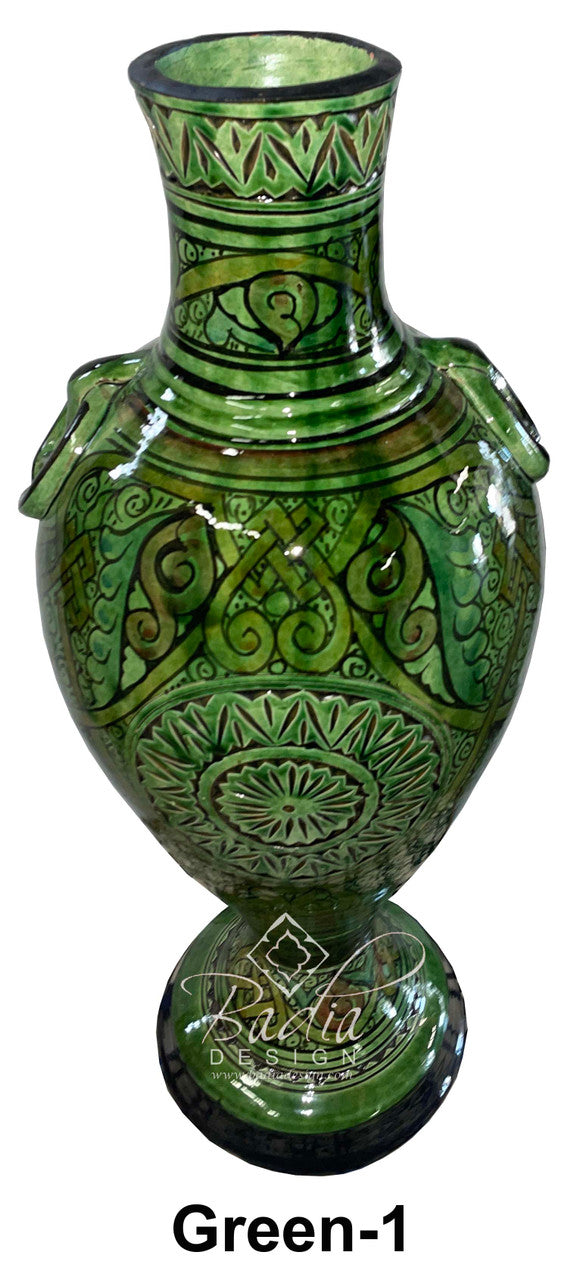 Tall Hand Painted Carved Ceramic Vase