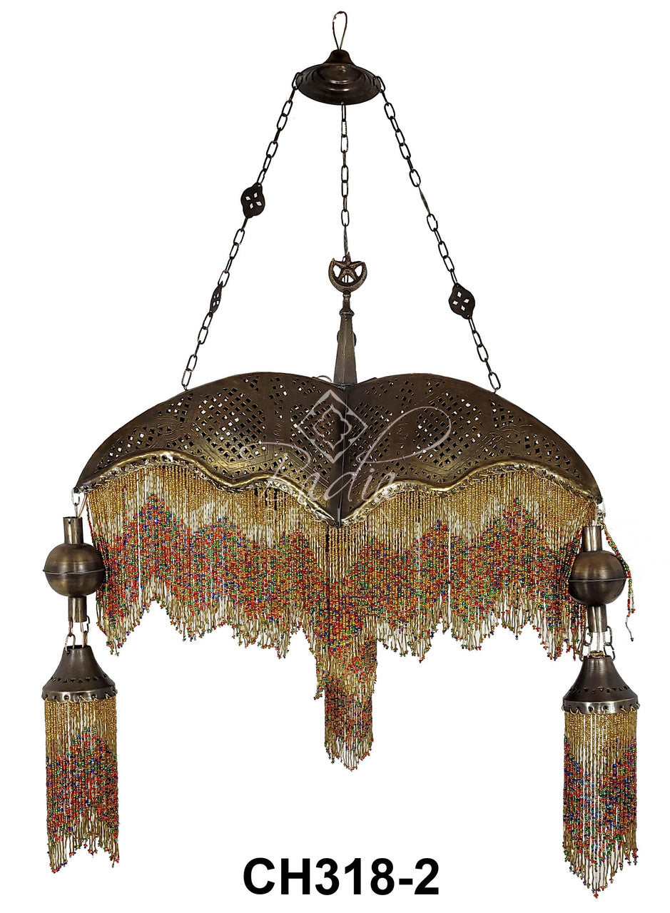 Three Prong Beaded Brass Chandelier