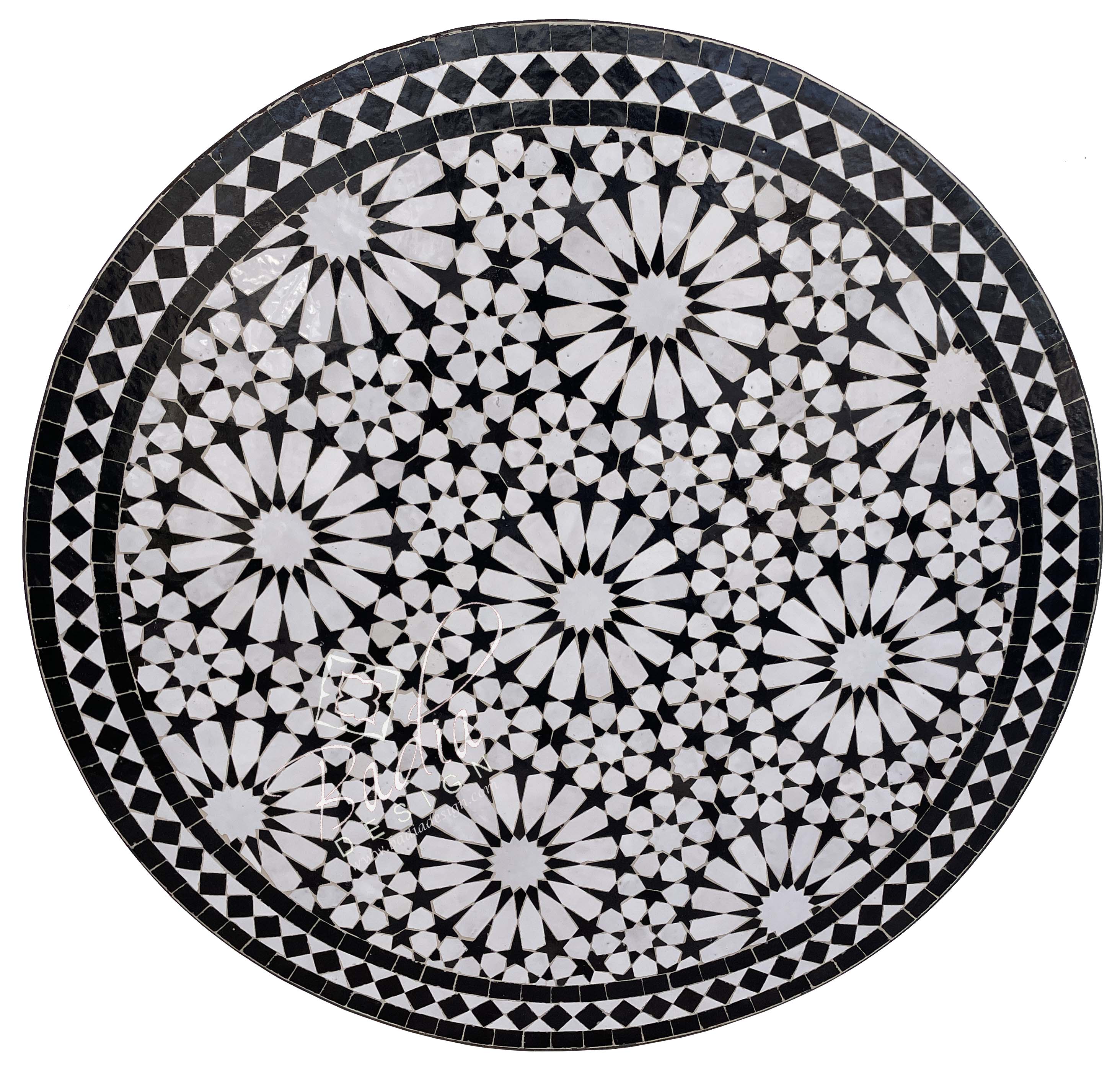 32" Black and White Intricately Designed Ceramic Tile Table Top