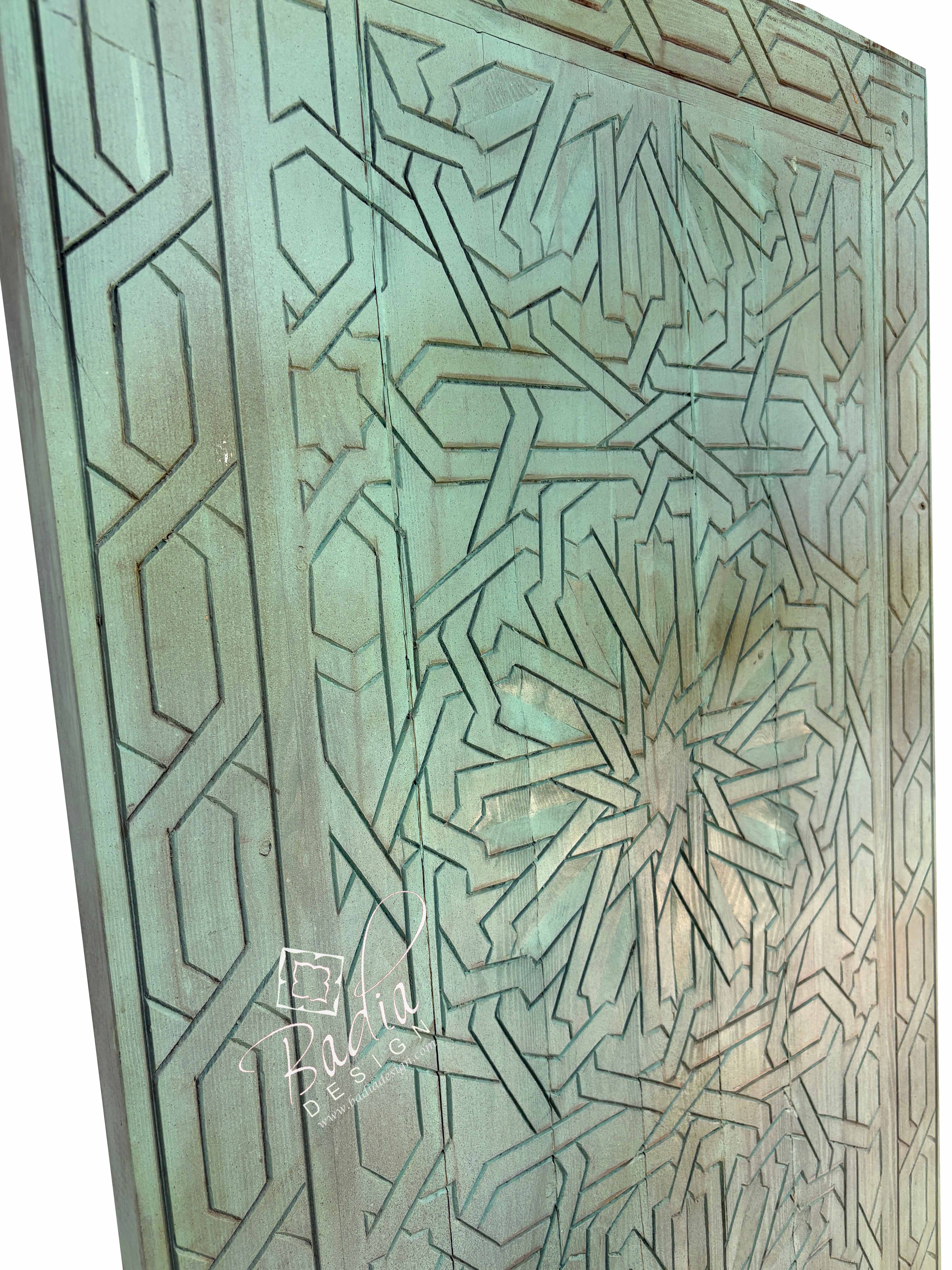 Green Vintage Hand Carved Door with Geometric Designs