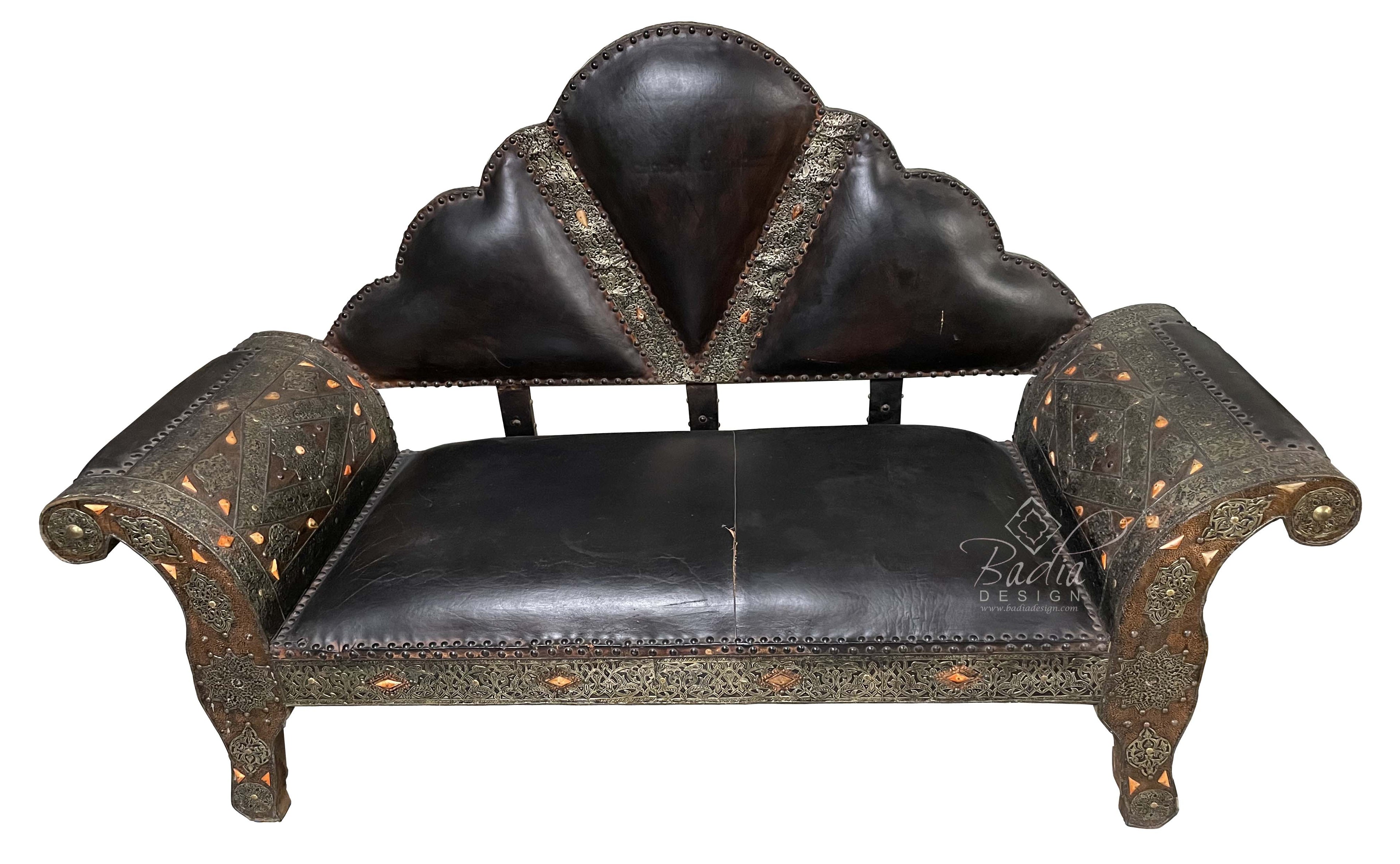 Vintage Embossed Metal Bone Inlay Bench with Leather Seat