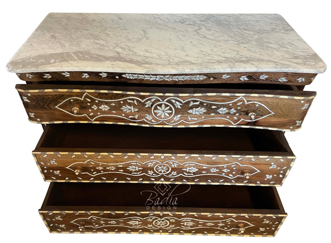 White Mother of Pearl Inlay Dresser with Three Drawers