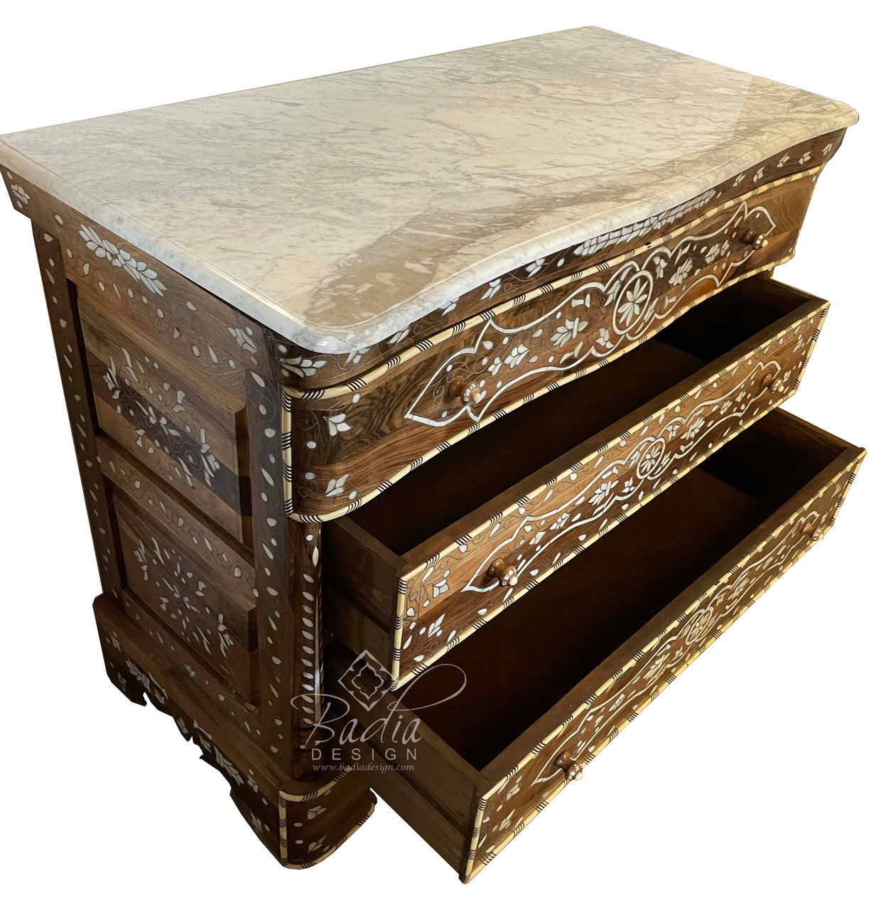 White Mother of Pearl Inlay Dresser with Three Drawers