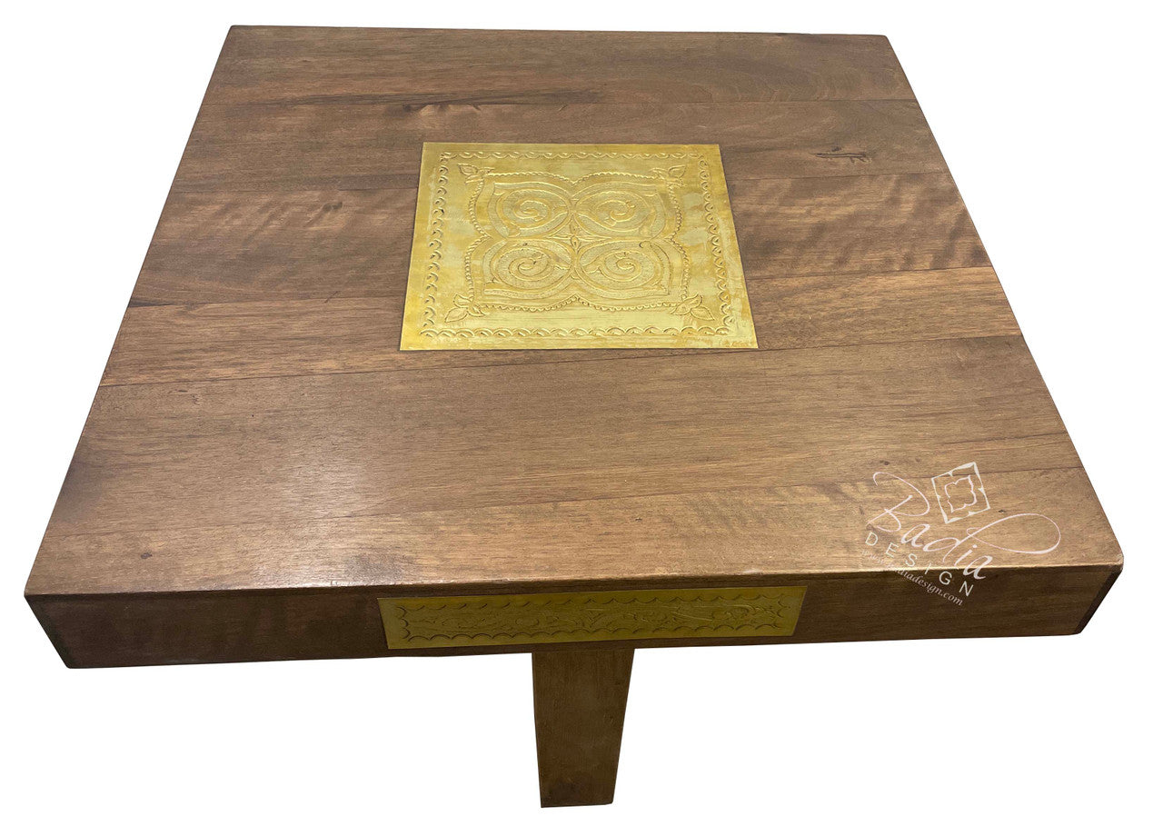 Cedar Wood Table with Carved Brass Plates