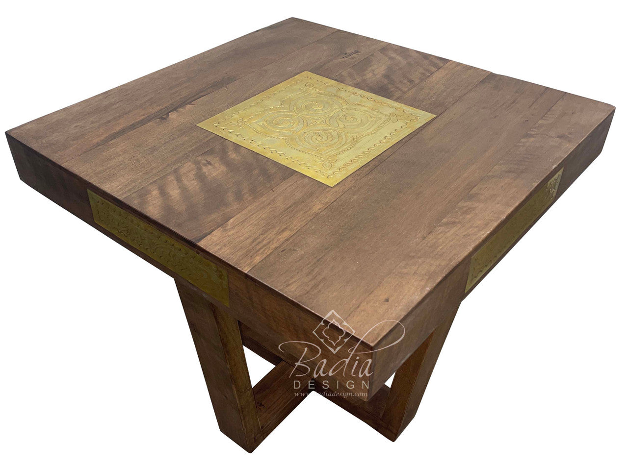 Cedar Wood Table with Carved Brass Plates