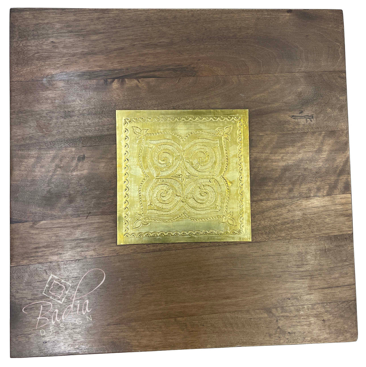 Cedar Wood Table with Carved Brass Plates
